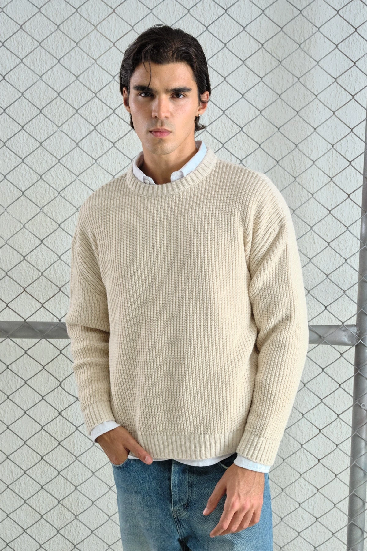 Erkek Normal Kesim Bisiklet Yaka Triko -Krem