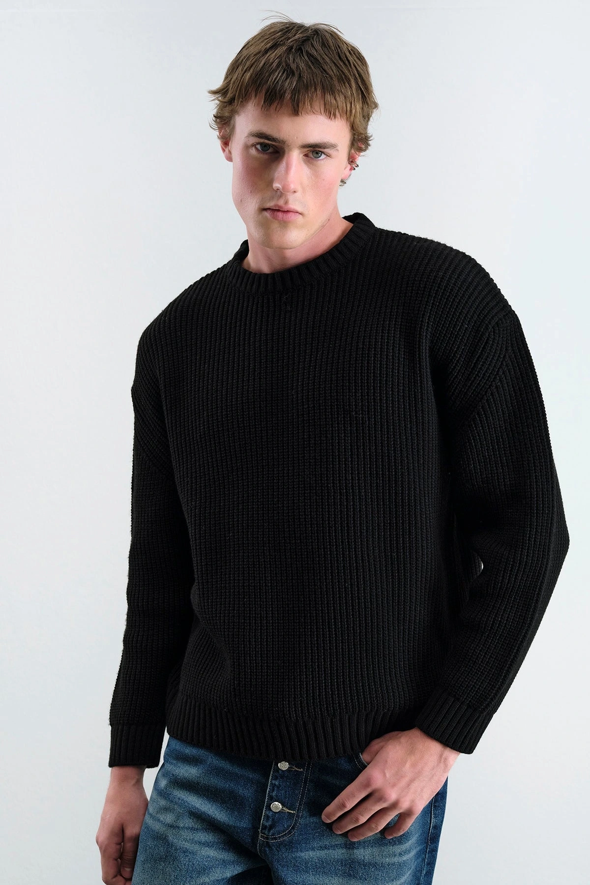 Erkek Normal Kesim Bisiklet Yaka Triko -Siyah