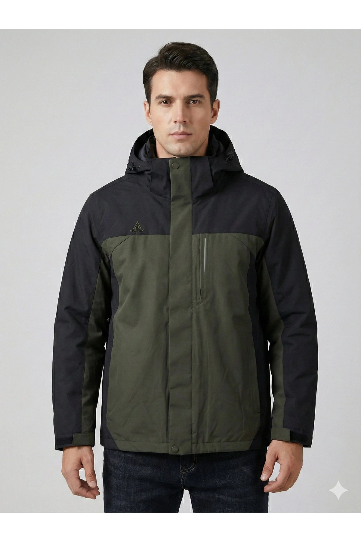 Erkek Normal Kesim Kaz Tüyü Outdoor Fermuarlı Mont-Siyah-Yeşil