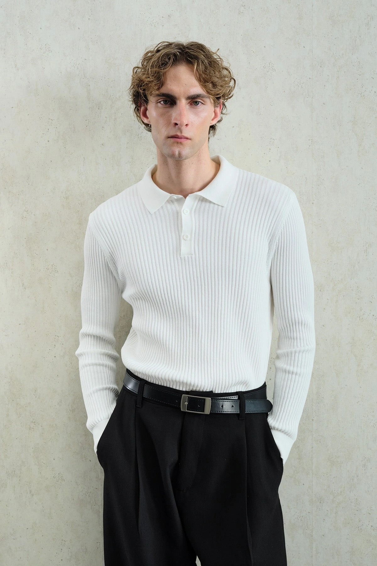 Erkek Normal Kesim Polo Yaka Kendinden Çizgili Triko -Beyaz