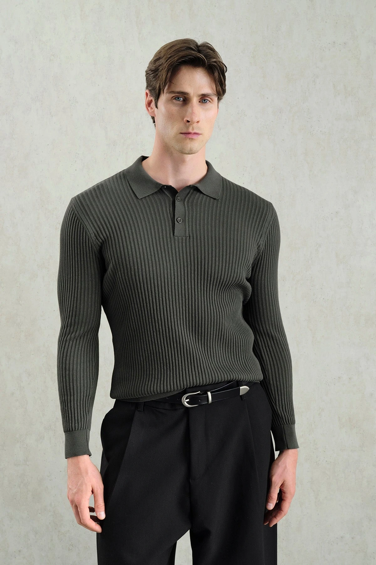 Erkek Normal Kesim Polo Yaka Kendinden Çizgili Triko -Gri