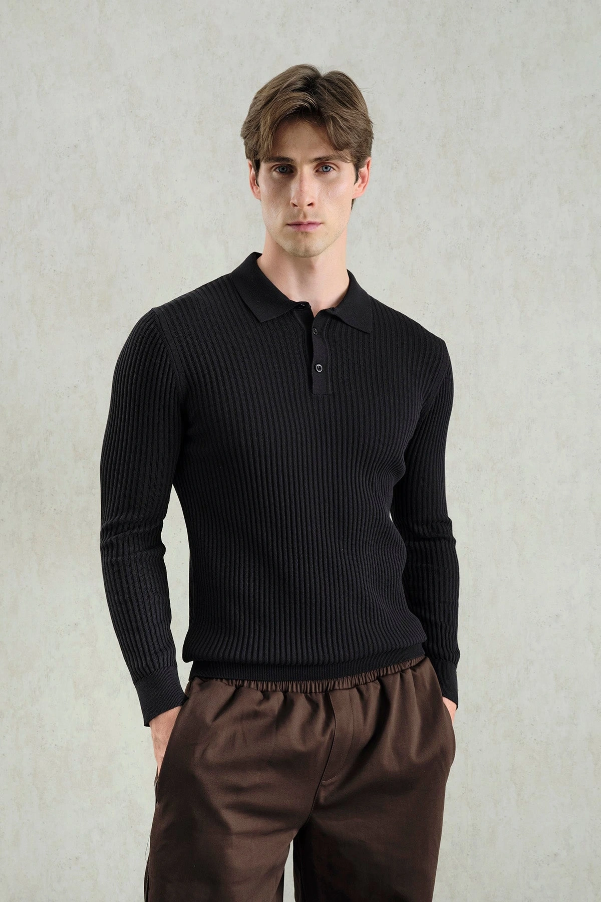 Erkek Normal Kesim Polo Yaka Kendinden Çizgili Triko -Siyah