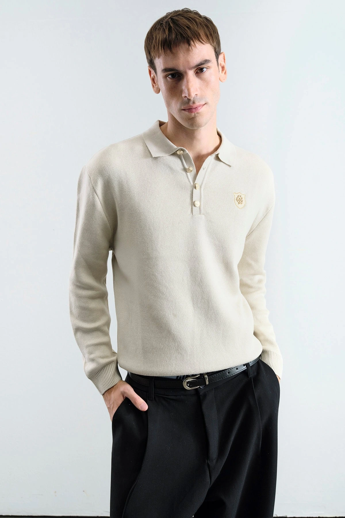 Erkek Normal Kesim Polo Yaka Triko -Krem