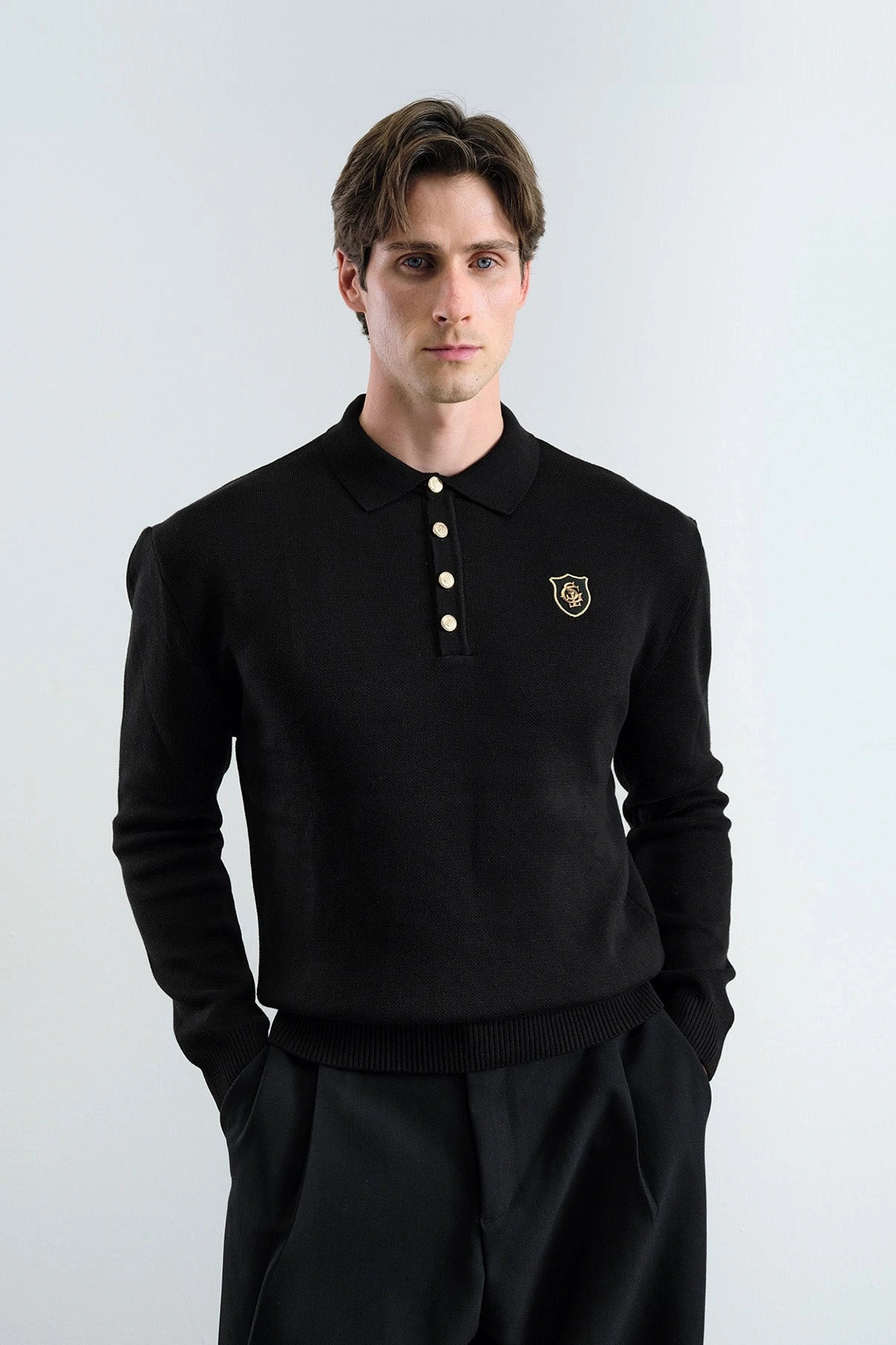 Erkek Normal Kesim Polo Yaka Triko -Siyah