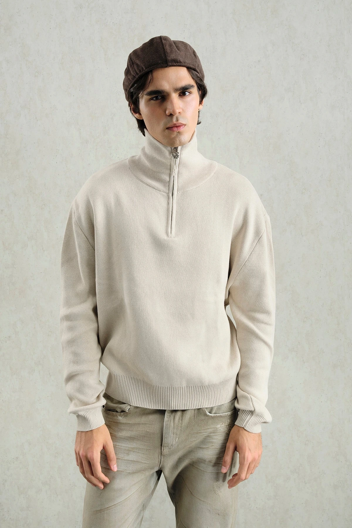 Erkek Normal Kesim Yakası Fermuarlı Polo Yaka Triko -Krem