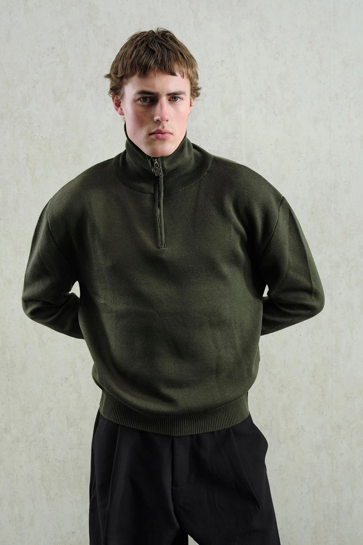 Erkek Normal Kesim Yakası Fermuarlı Polo Yaka Triko -Yeşil