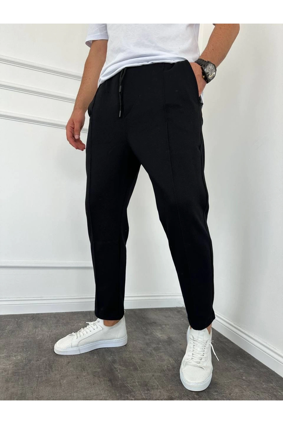 Erkek Önü Çimalı Beli Lastikli Likralı Boyfrend Pantolon-Siyah