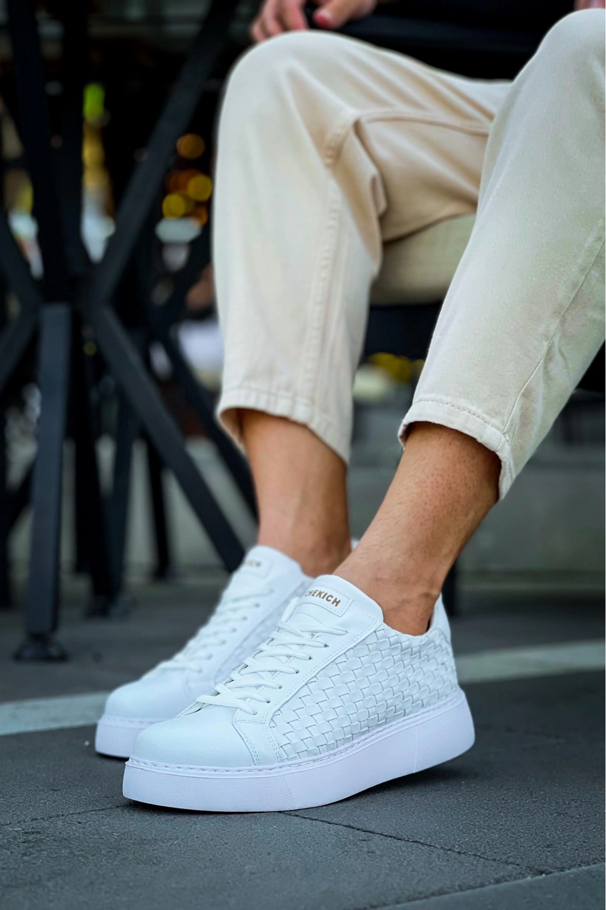 Erkek Örme Desen Günlük Spor Rahat Ayakkabı-Beyaz-Beyaz