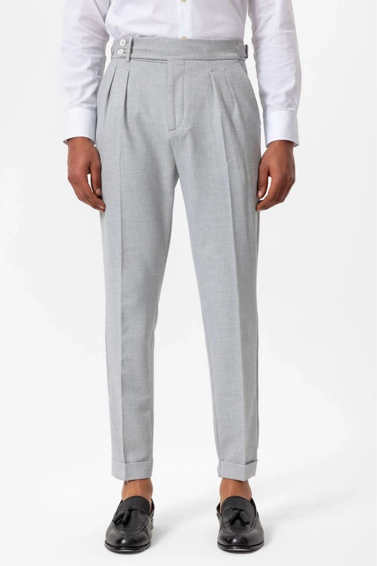 Erkek Örme Kumaş Yüksek Bel Pileli Tokalı Pantolon- Gri