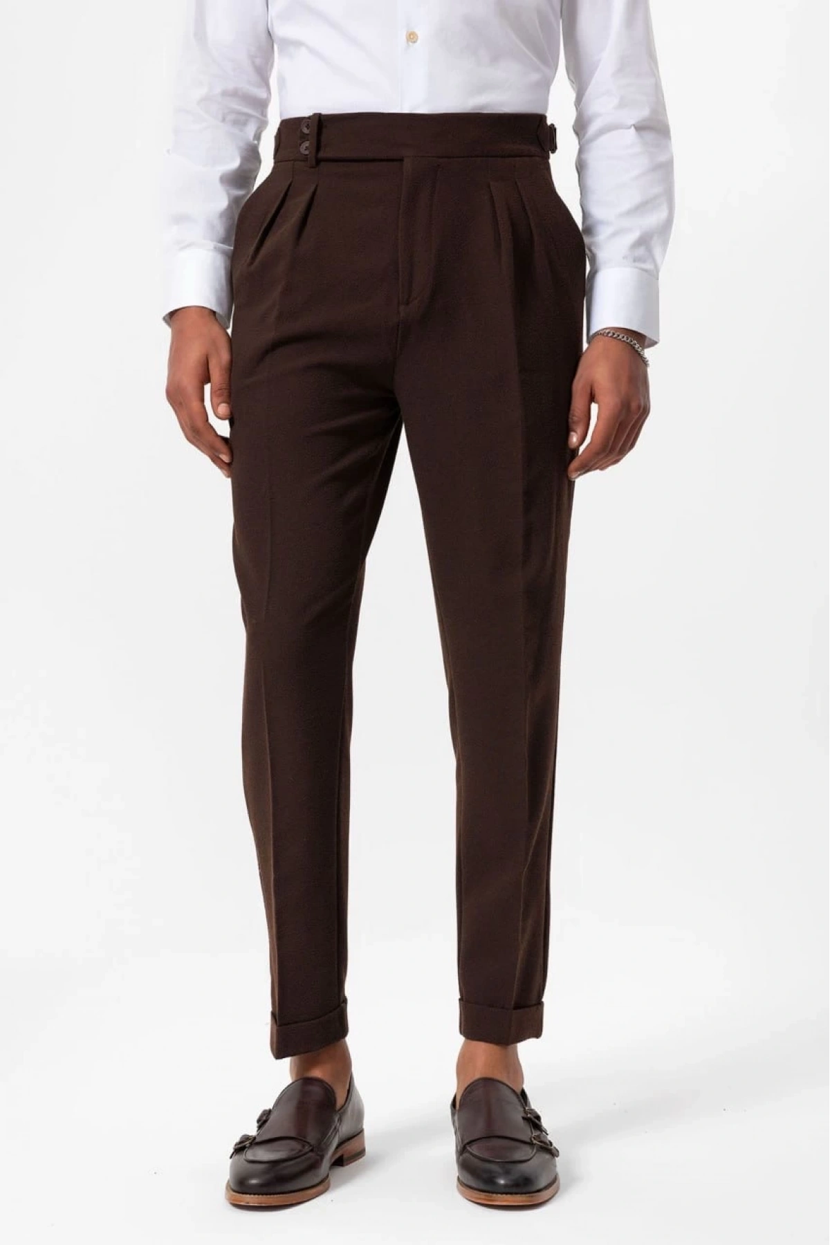 Erkek Örme Kumaş Yüksek Bel Pileli Tokalı Pantolon- Kahverengi