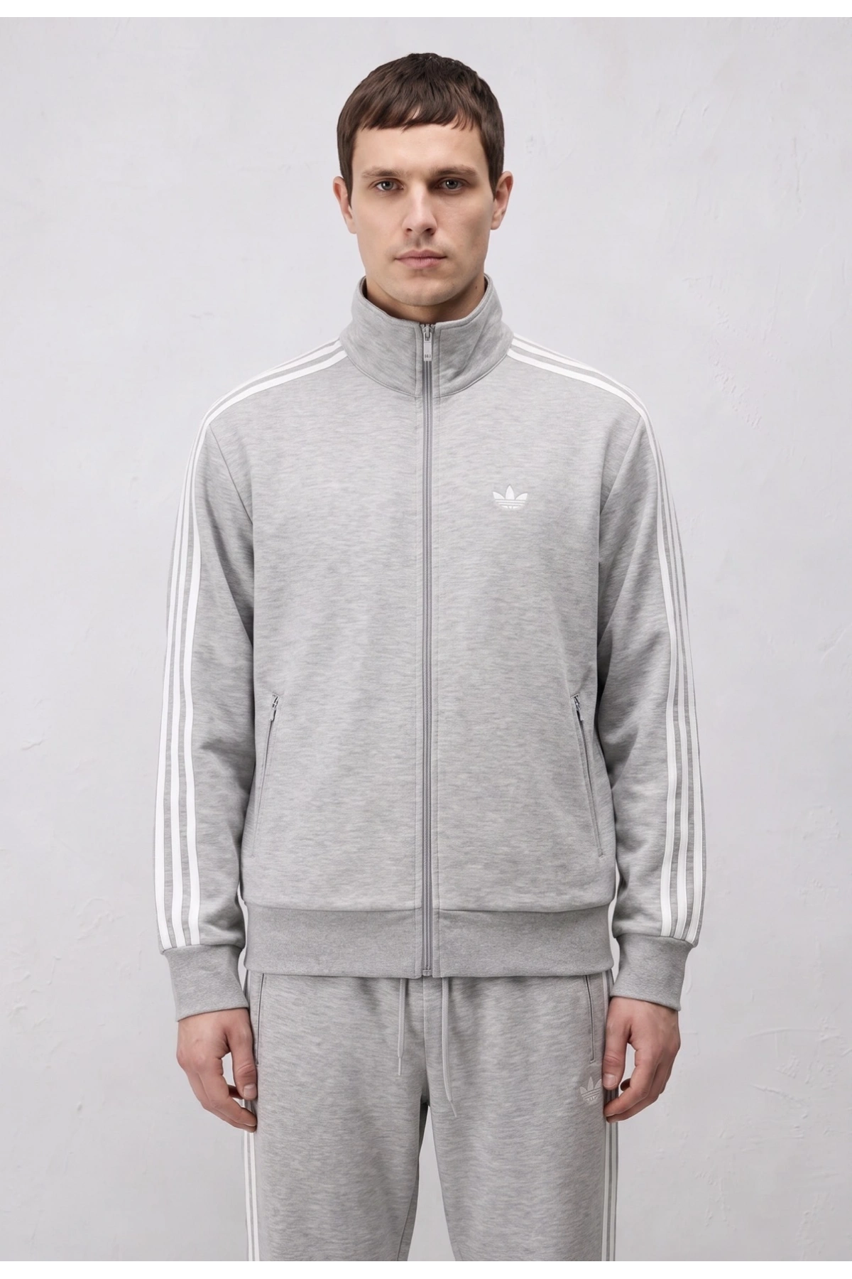 Erkek Owersize Adidas Fermuarlı EşofmanTakım - Gri
