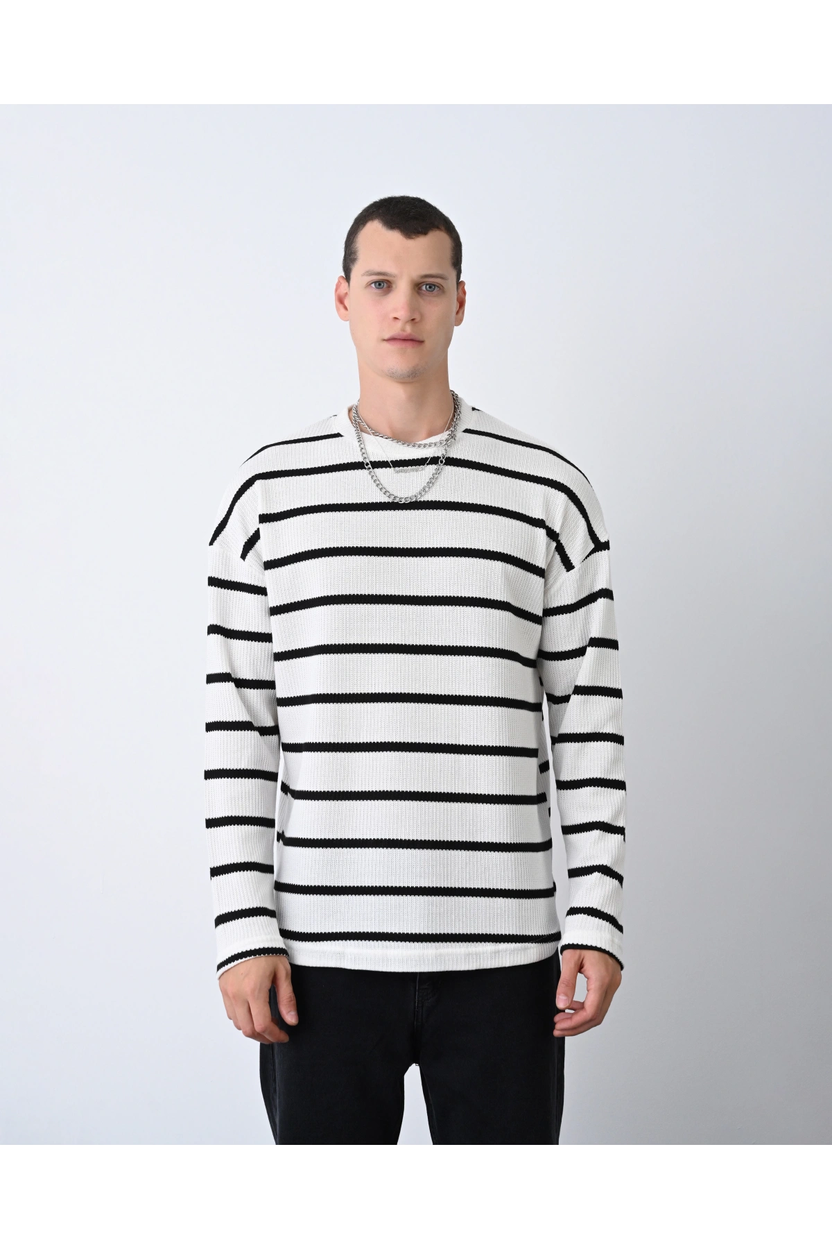 Erkek Owersize Bisiklet Örme İnce Triko-Beyaz-Siyah