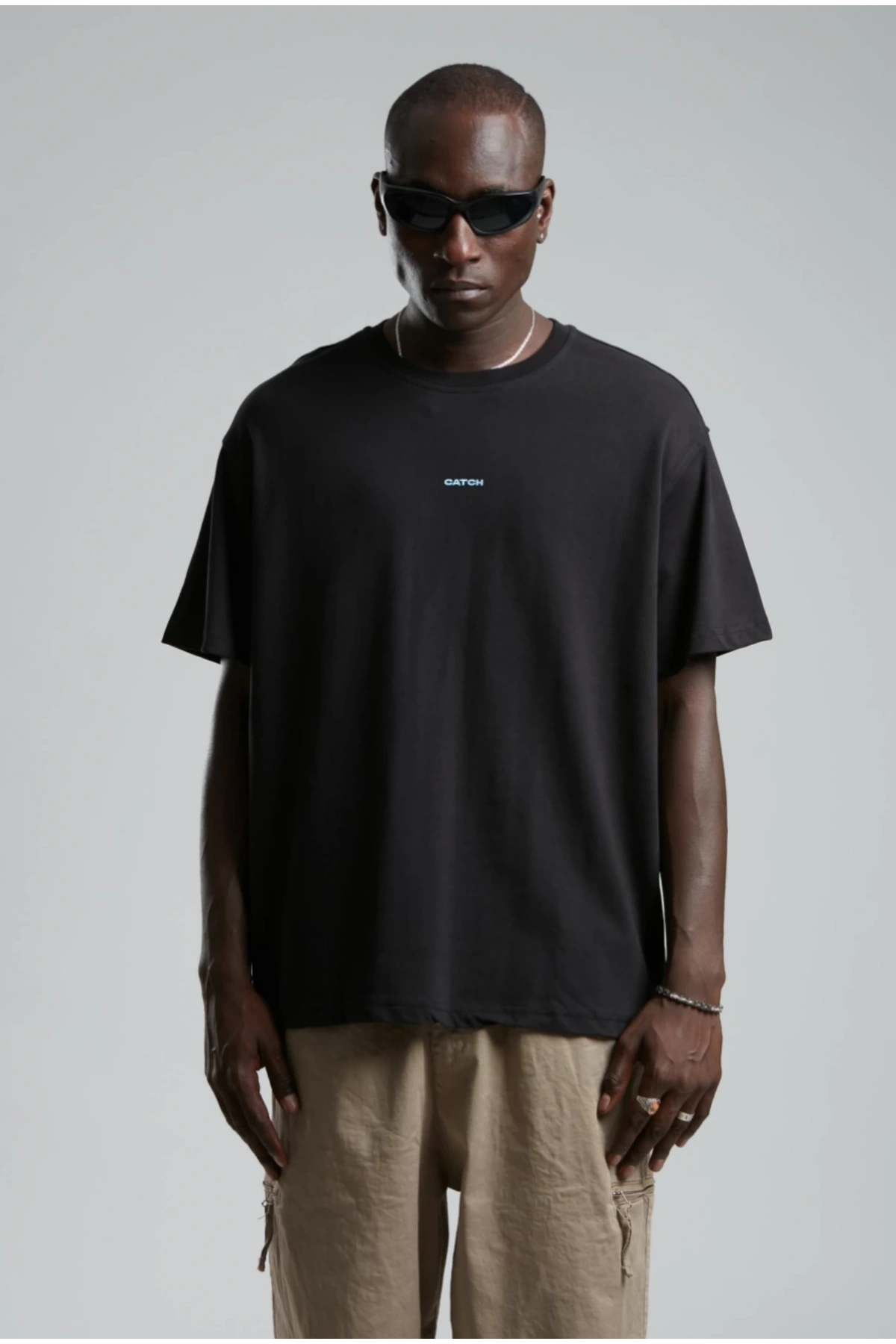 Erkek Owersıze Bisiklet Yaka Önü Catch Baskılı Tişört -Siyah