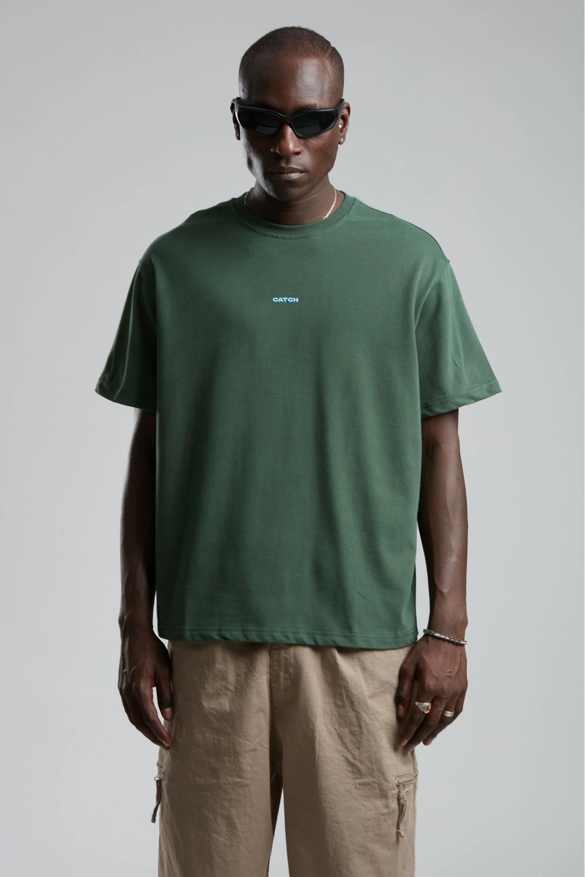 Erkek Owersıze Bisiklet Yaka Önü Catch Baskılı Tişört -Yeşil