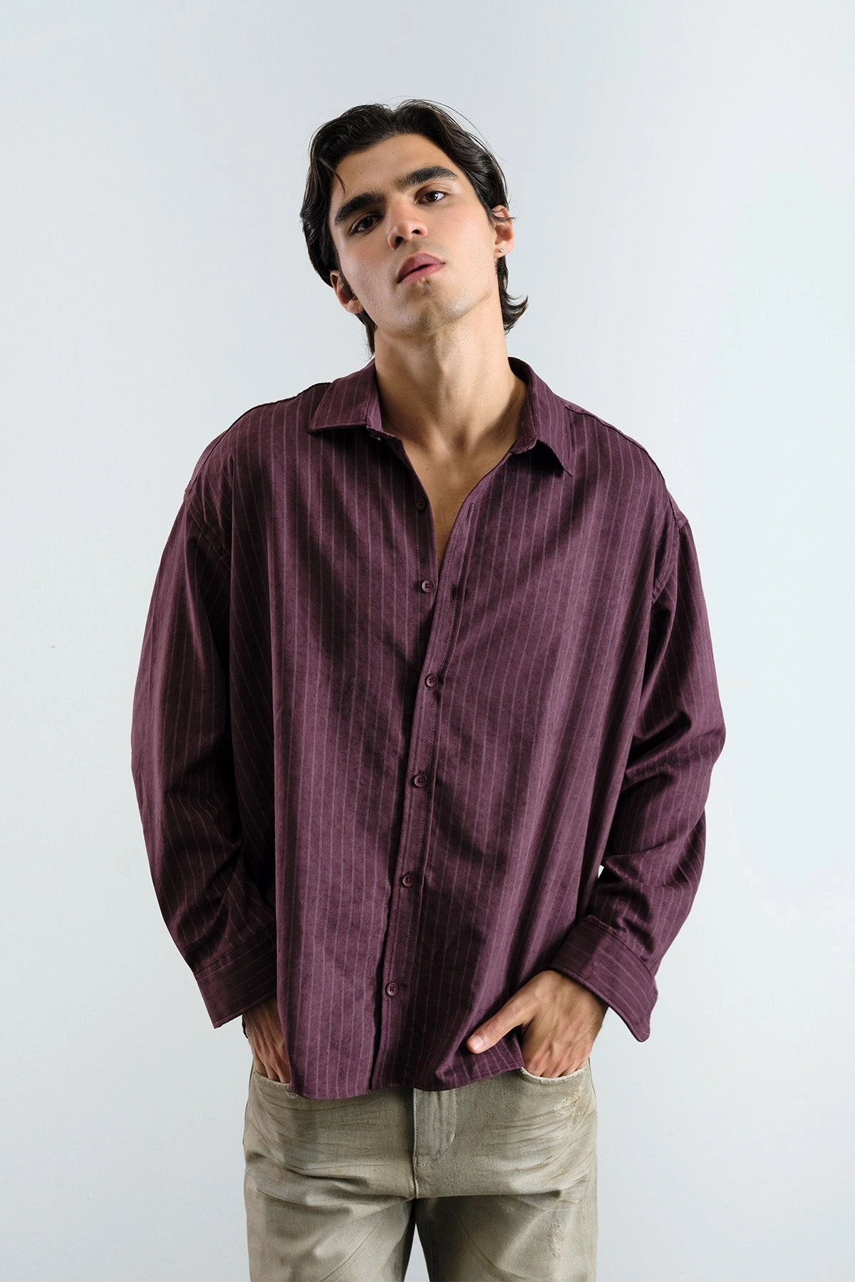 Erkek Owersize Çizgili Pamuklu Gömlek- Bordo