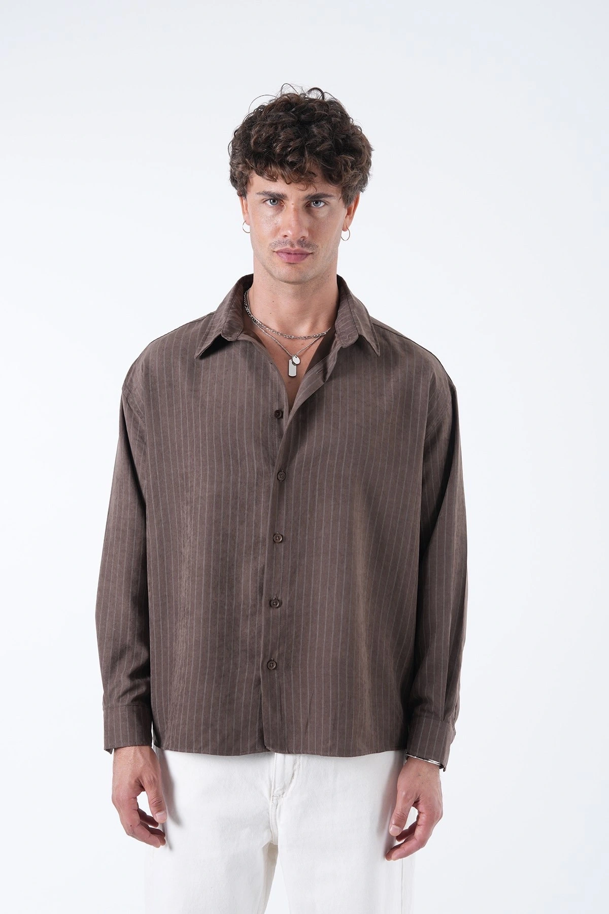 Erkek Owersize Çizgili Pamuklu Gömlek- Kahverengi