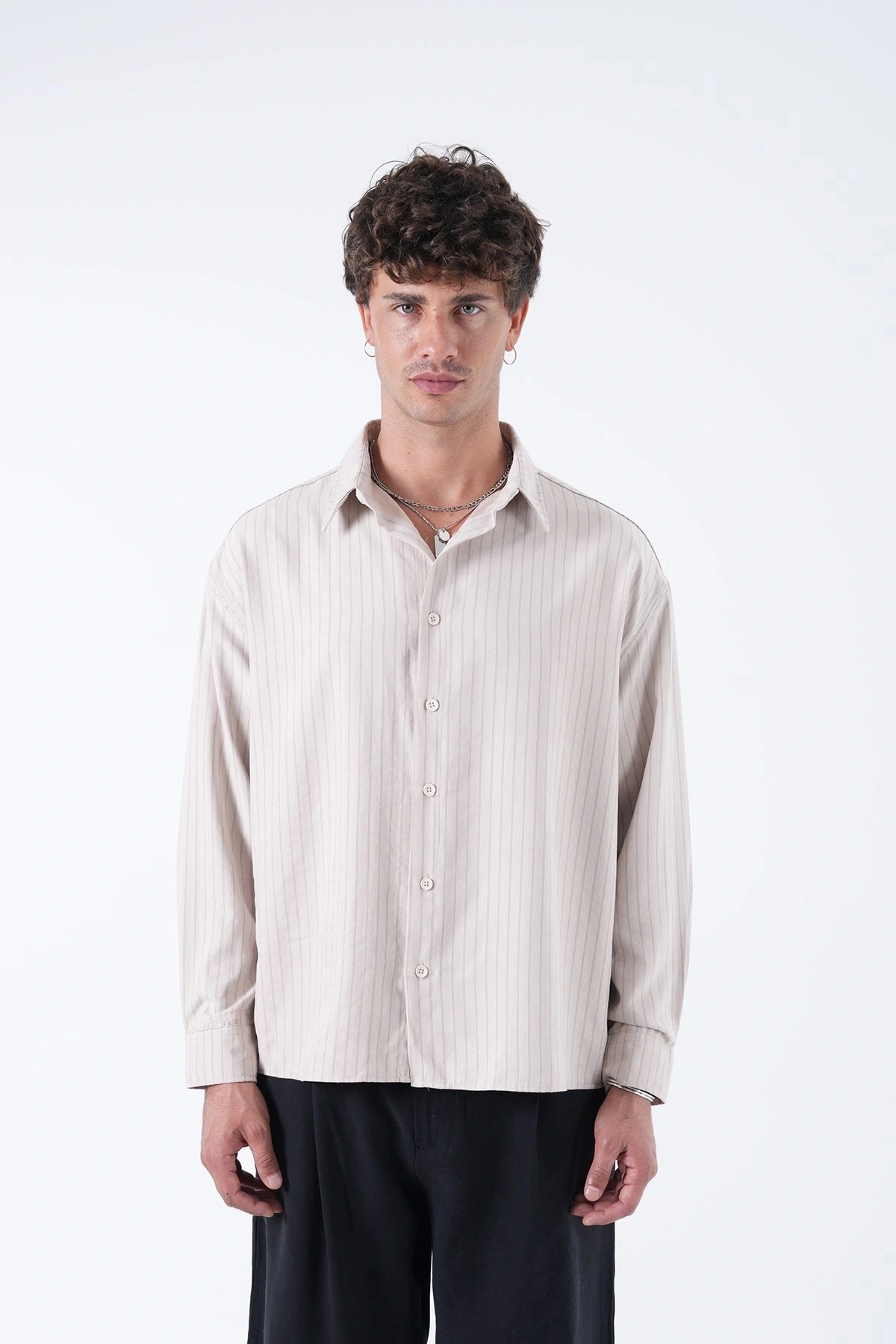 Erkek Owersize Çizgili Pamuklu Gömlek- Krem
