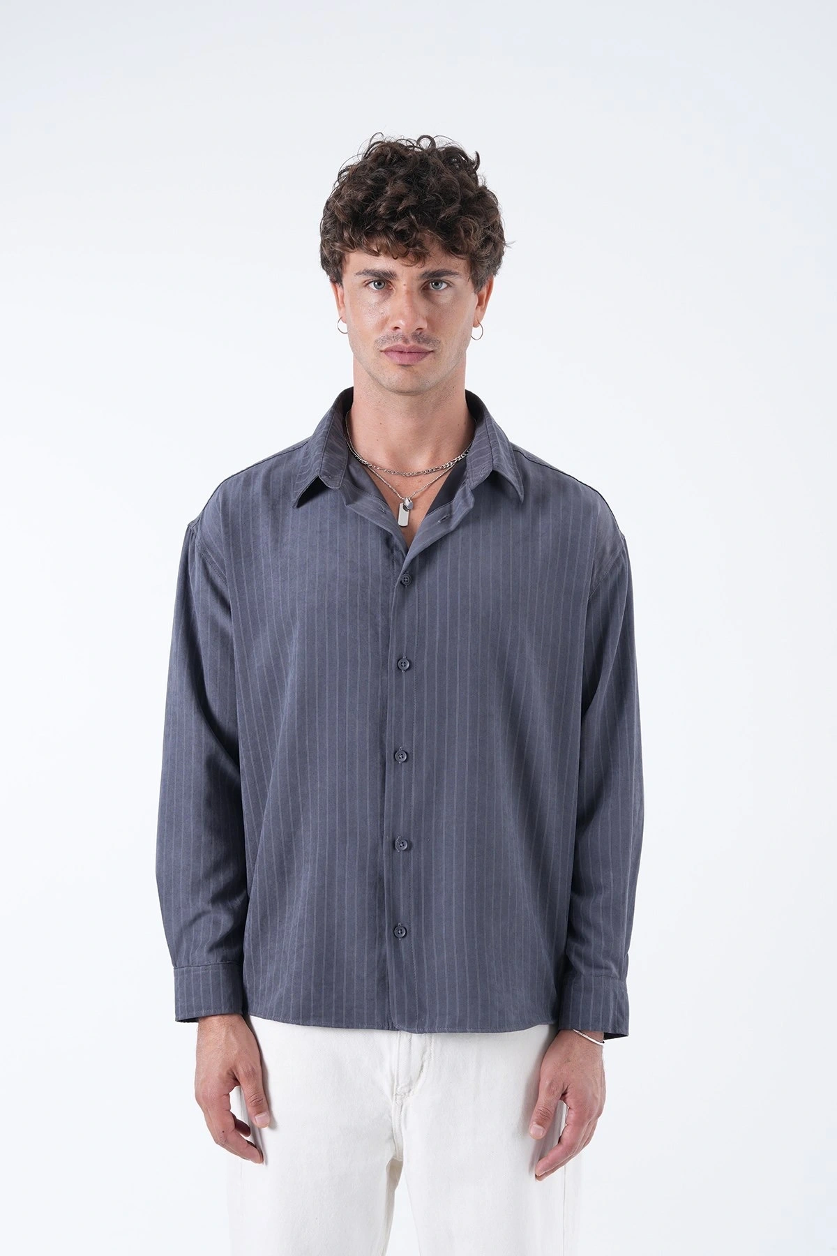 Erkek Owersize Çizgili Pamuklu Gömlek- Lacivert