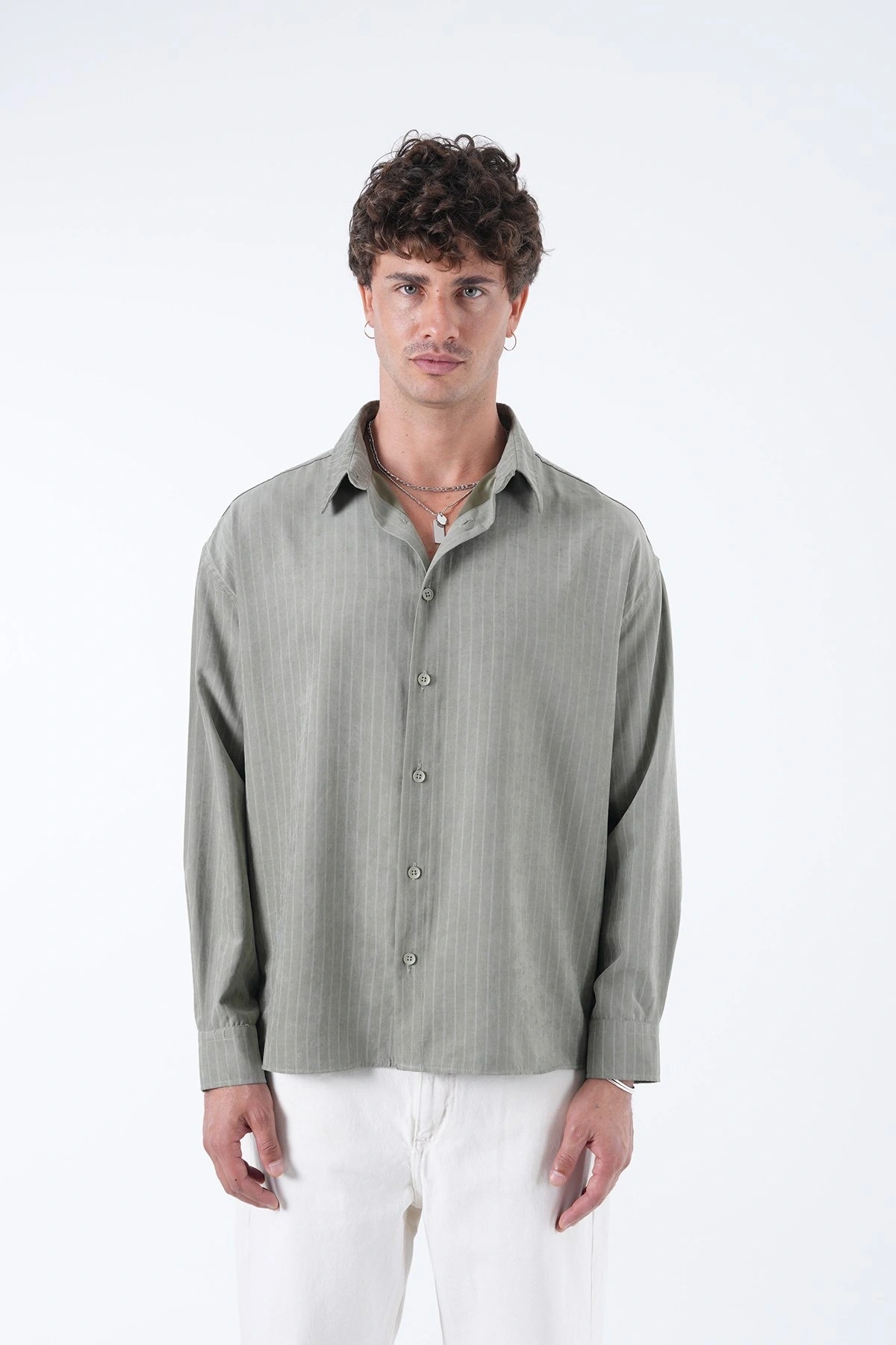 Erkek Owersize Çizgili Pamuklu Gömlek- Yeşil