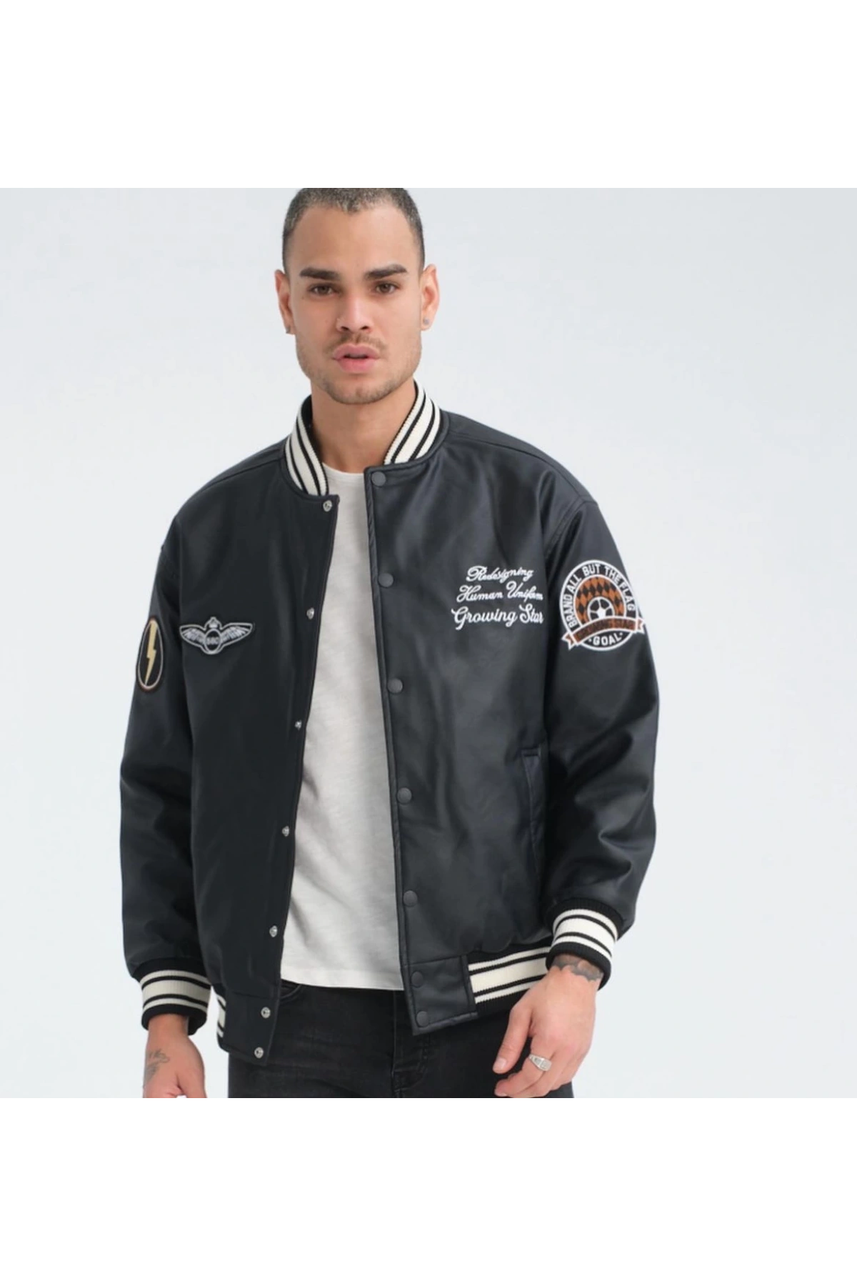 Erkek Owersıze Deri Kolej Mont - Siyah