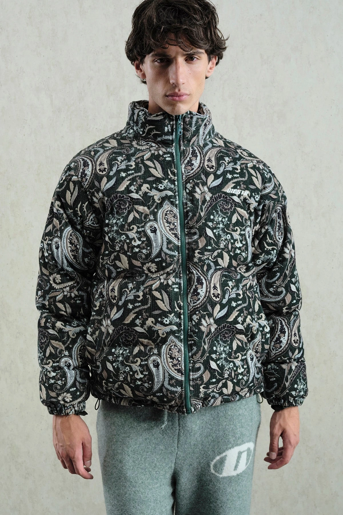 Erkek Owersize Desenli Kadife Mont-Yeşil