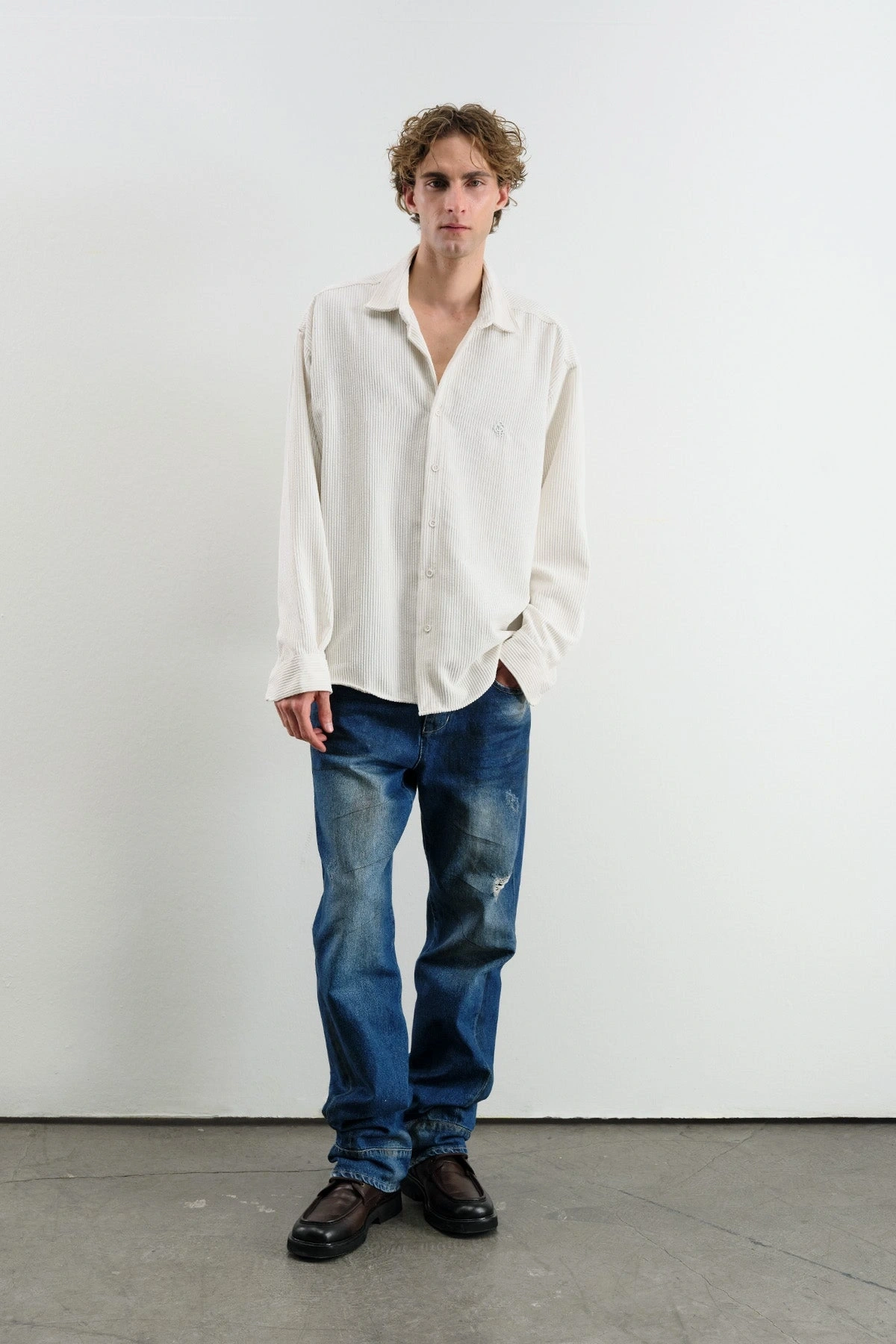 Erkek Owersıze Fitilli Kadife Gömlek -Beyaz