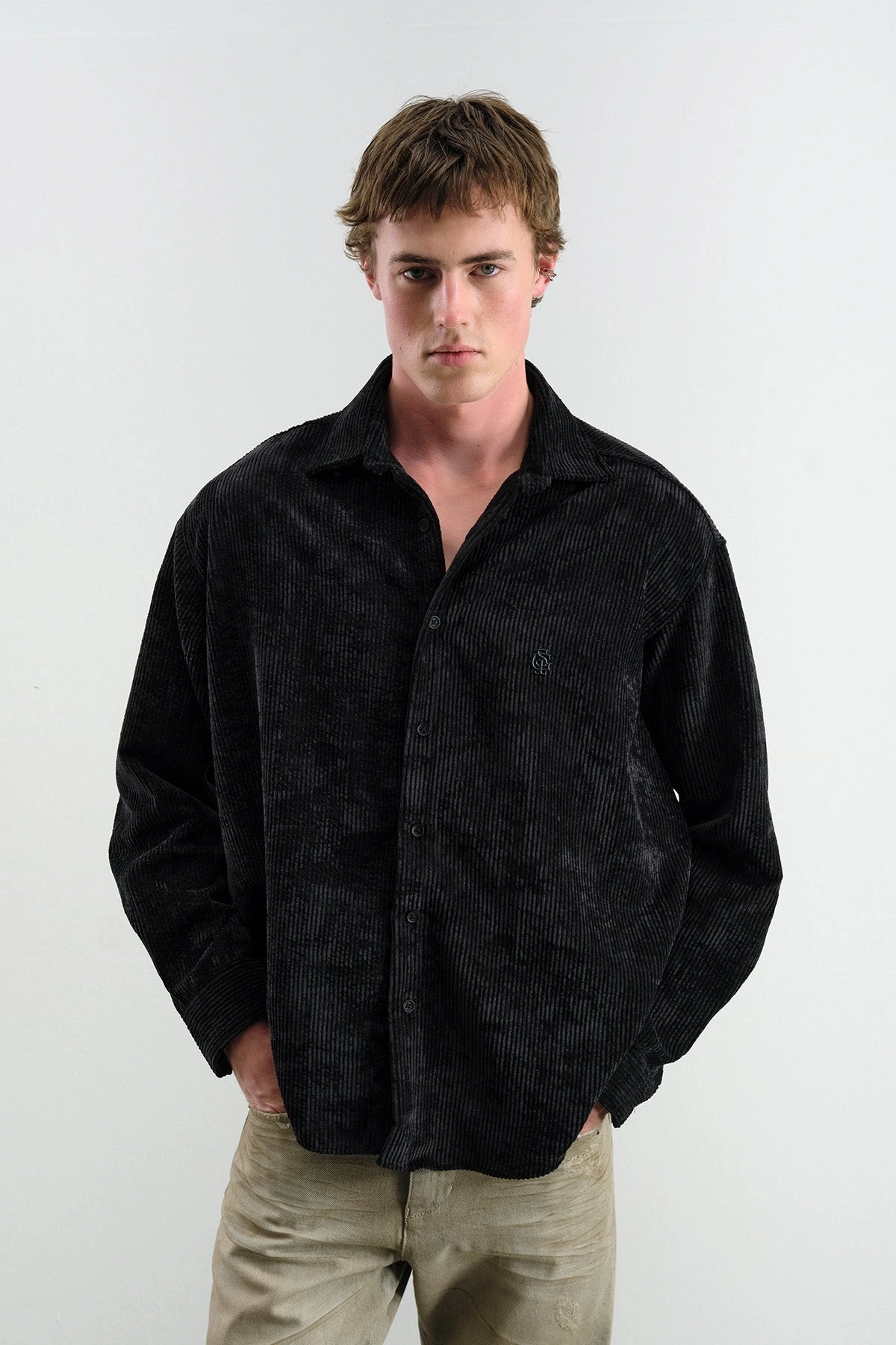 Erkek Owersıze Fitilli Kadife Gömlek -Siyah