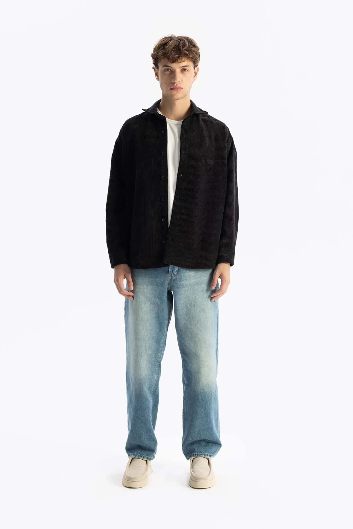 Erkek Owersıze Fitilli Kadife Gömlek -Siyah