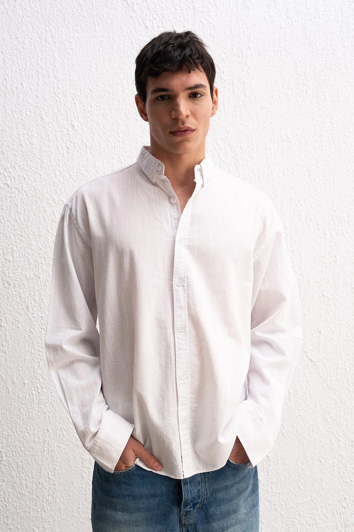 Erkek Owersize Fresh Keten Gömlek- Beyaz