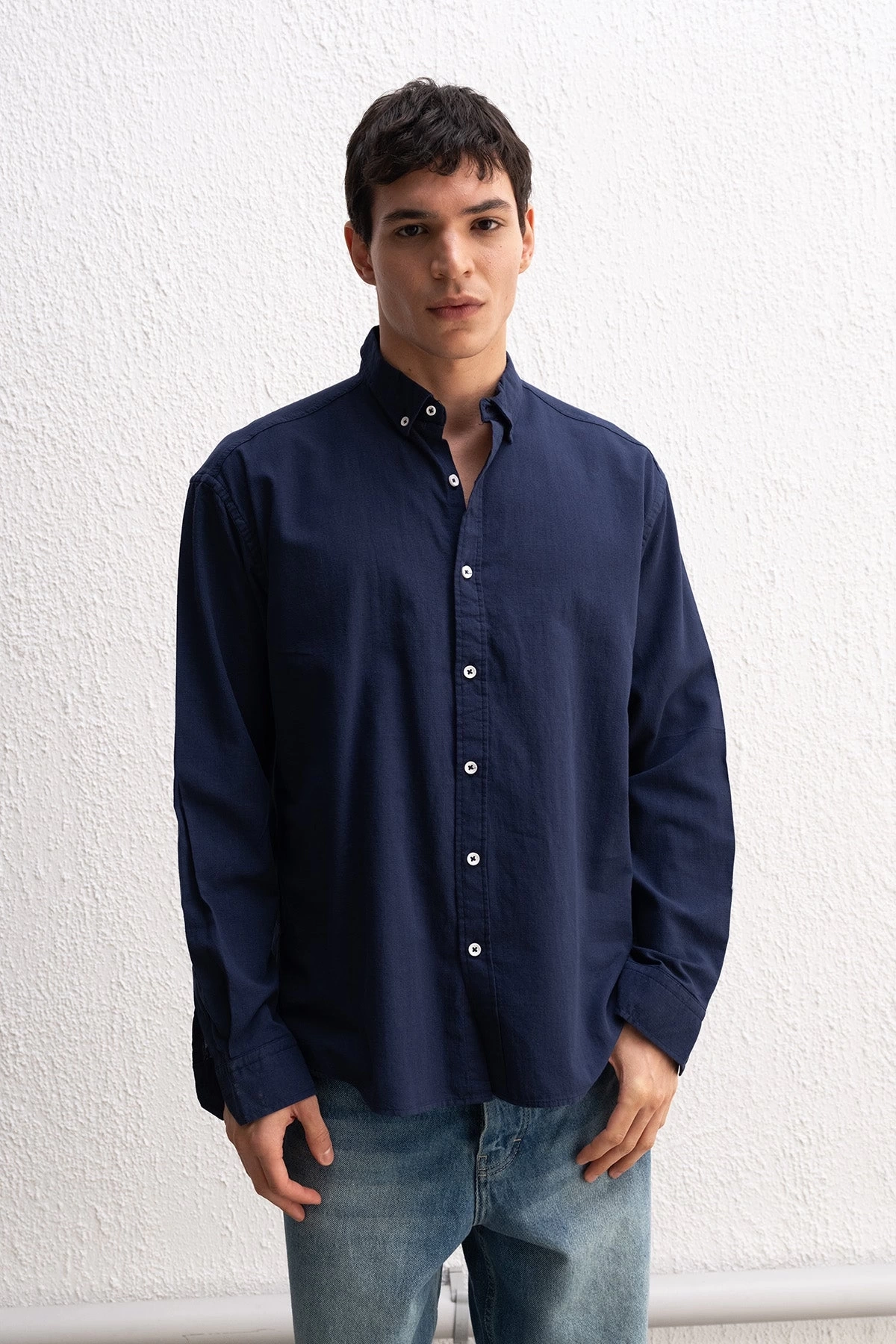 Erkek Owersize Fresh Keten Gömlek- Lacivert