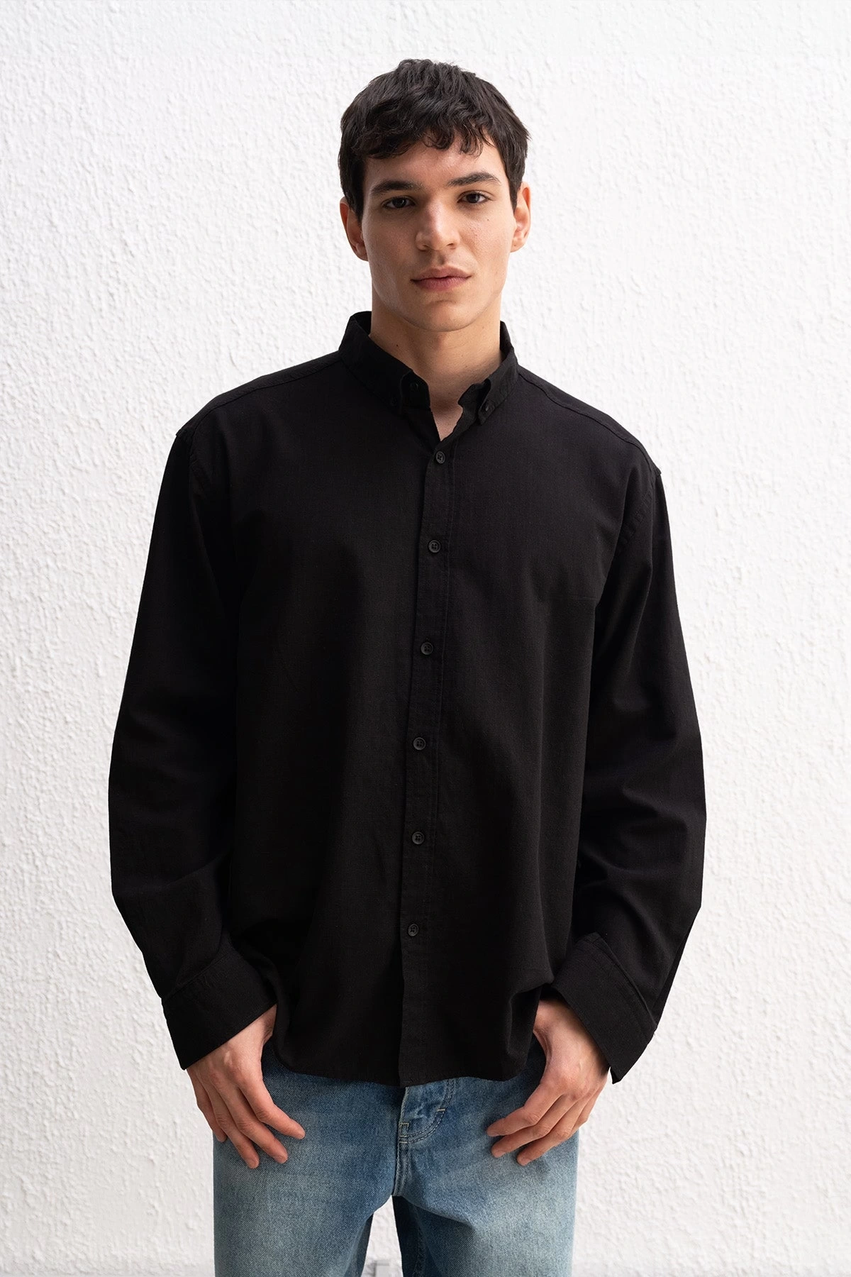 Erkek Owersize Fresh Keten Gömlek- Siyah