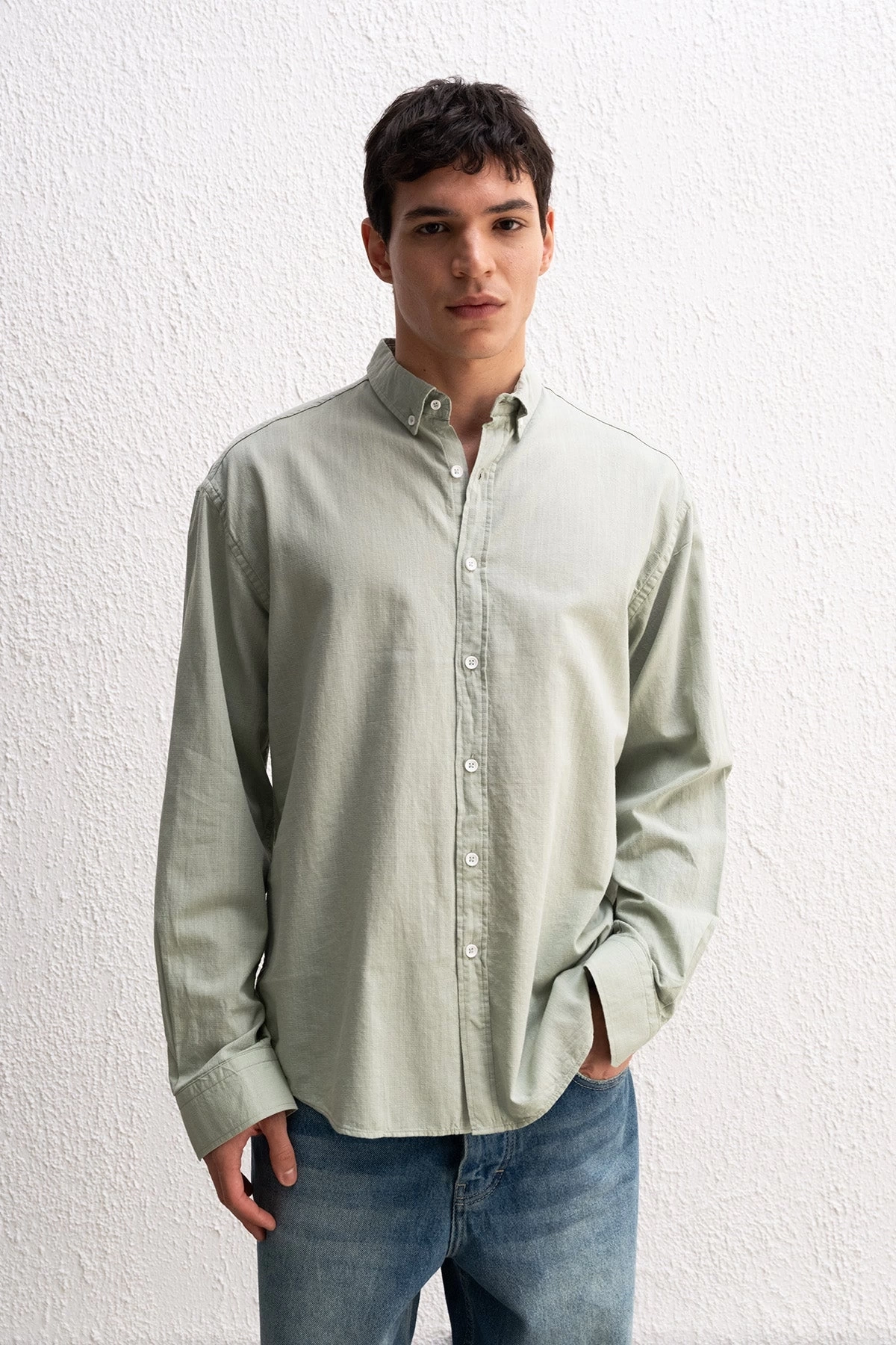 Erkek Owersize Fresh Keten Gömlek- Su Yeşili