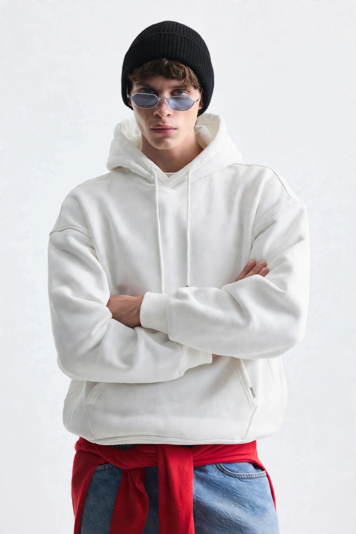 Erkek Owersize İçi Şardonlu Kapışonlu Sweatshirt- Beyaz