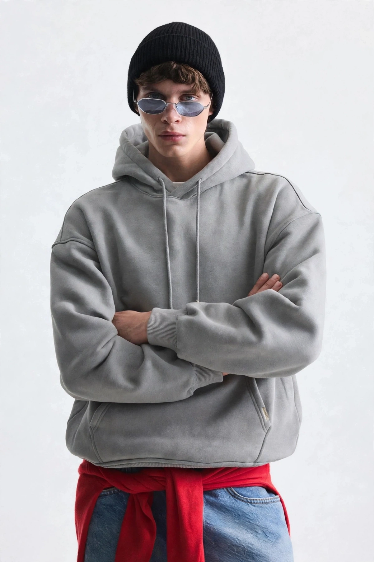 Erkek Owersize İçi Şardonlu Kapışonlu Sweatshirt- Gri