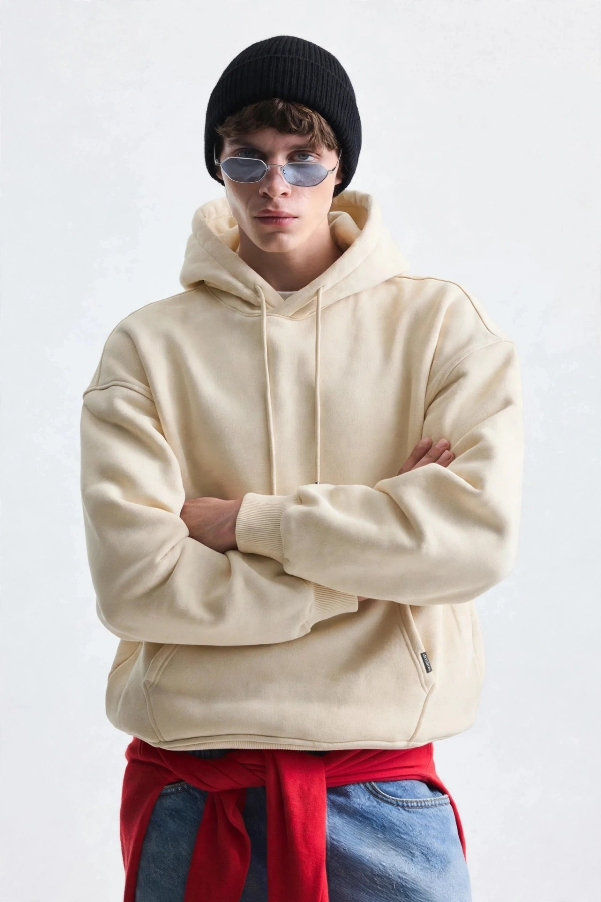 Erkek Owersize İçi Şardonlu Kapışonlu Sweatshirt- Krem
