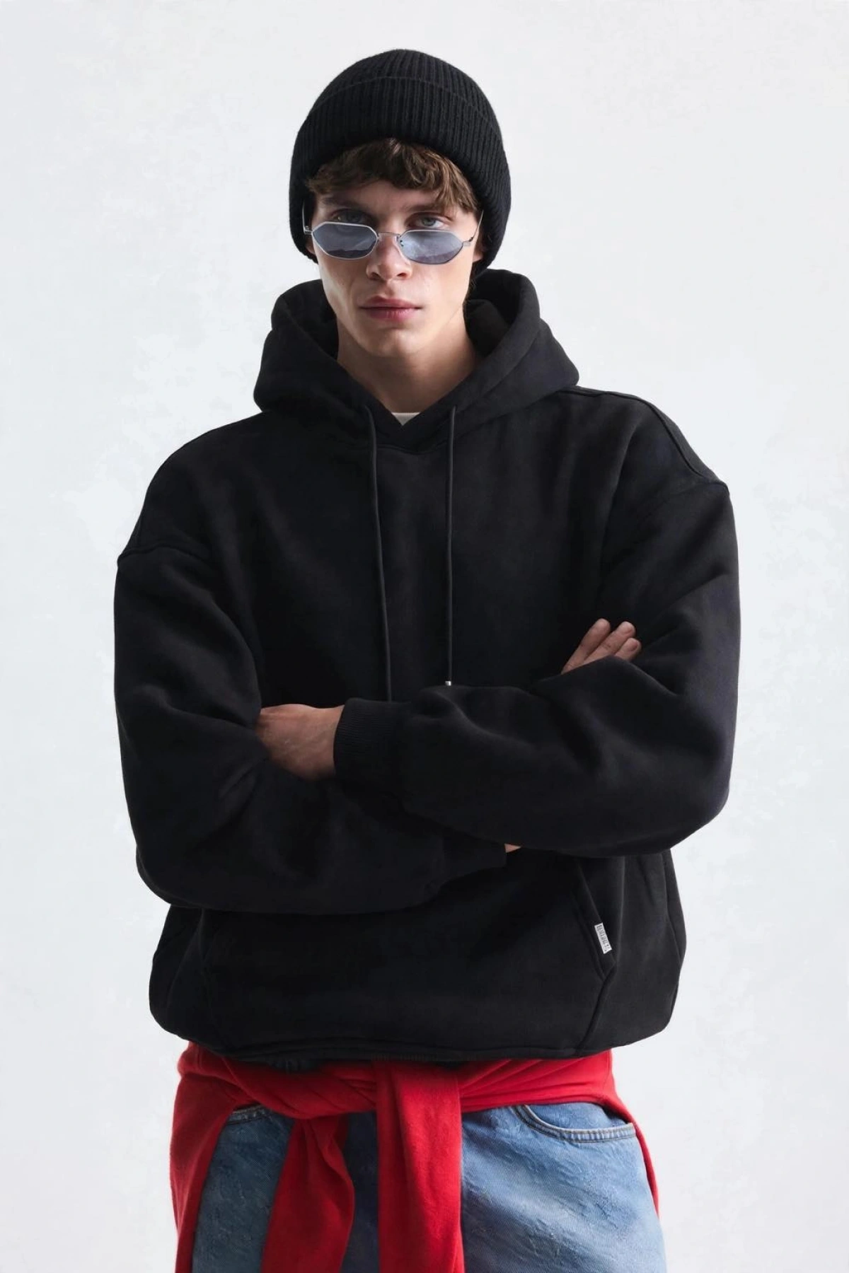 Erkek Owersize İçi Şardonlu Kapışonlu Sweatshirt-Siyah