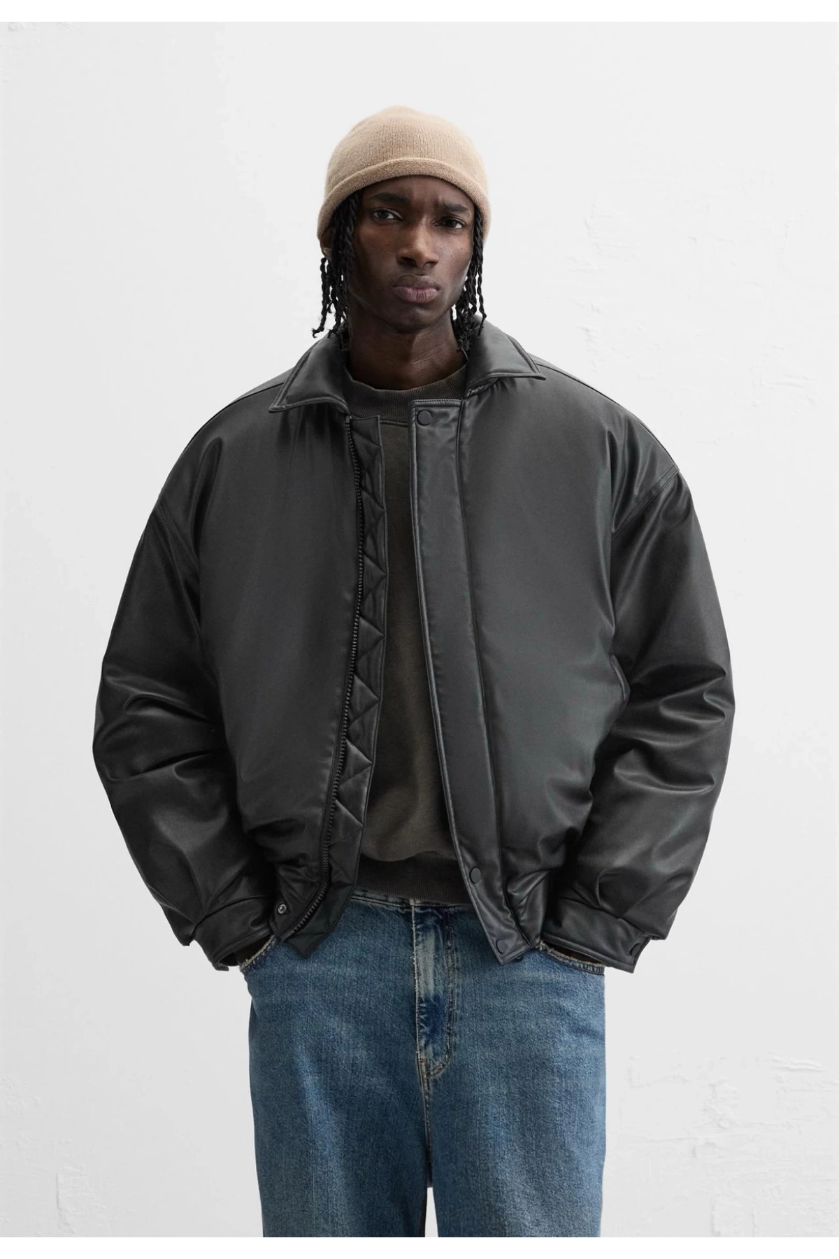 Erkek Owersize Jel Dolgu Deri Mont-Siyah