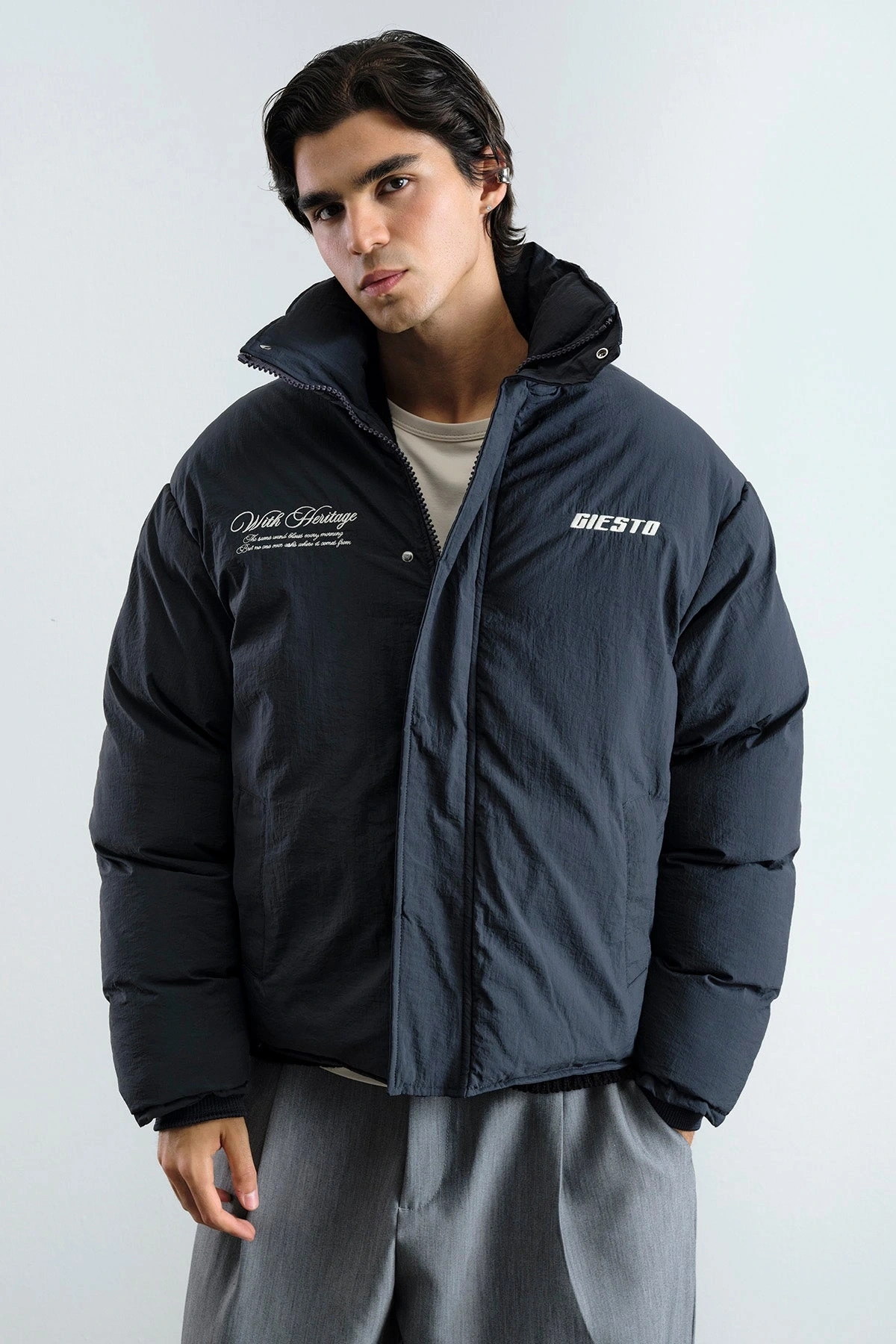 Erkek Owersize Jel Dolgu Şişme Mont- Siyah