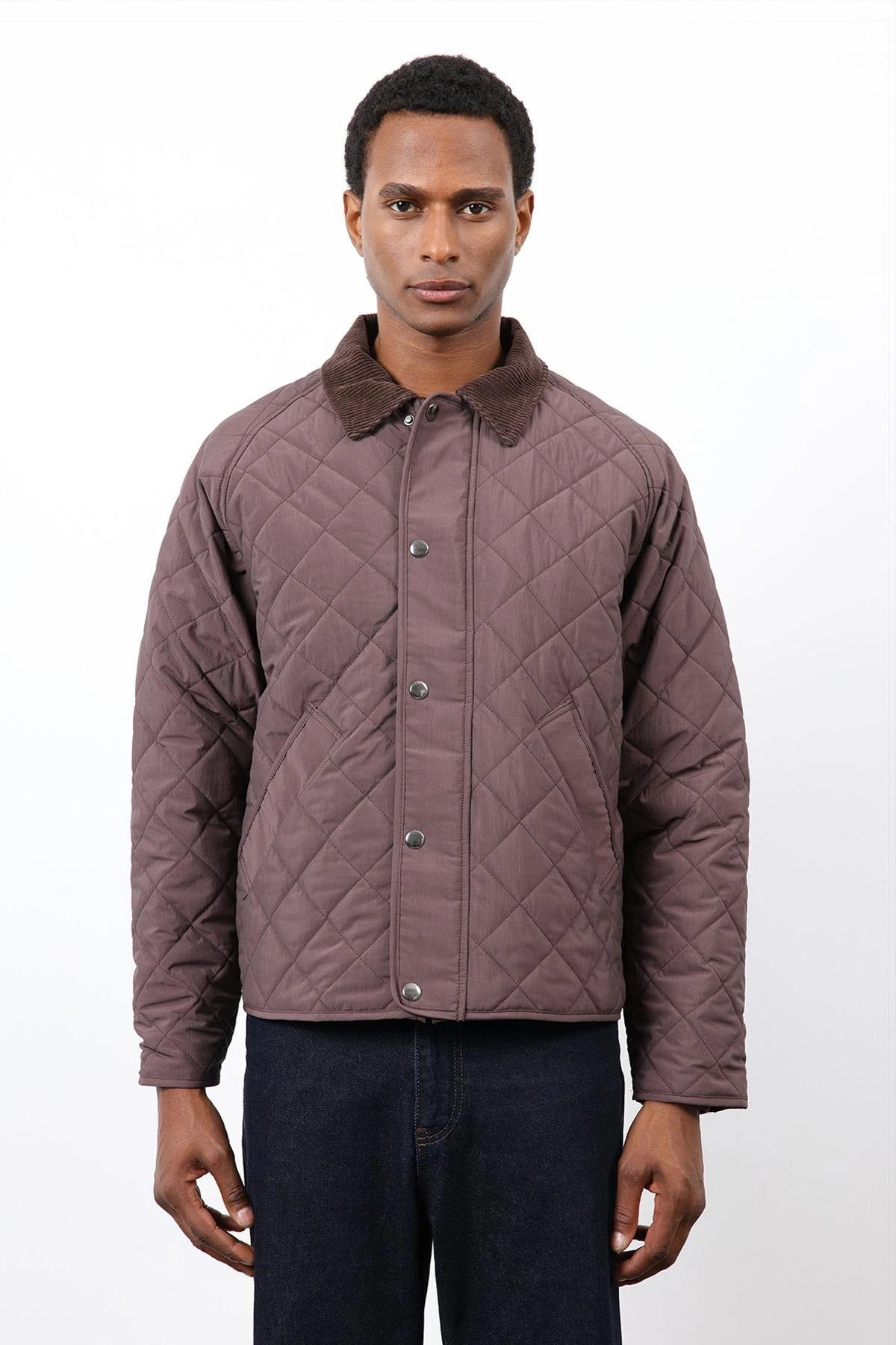 Erkek Owersize Kalıp Yakası Kadife Baklava Desenli Mont- Bordo