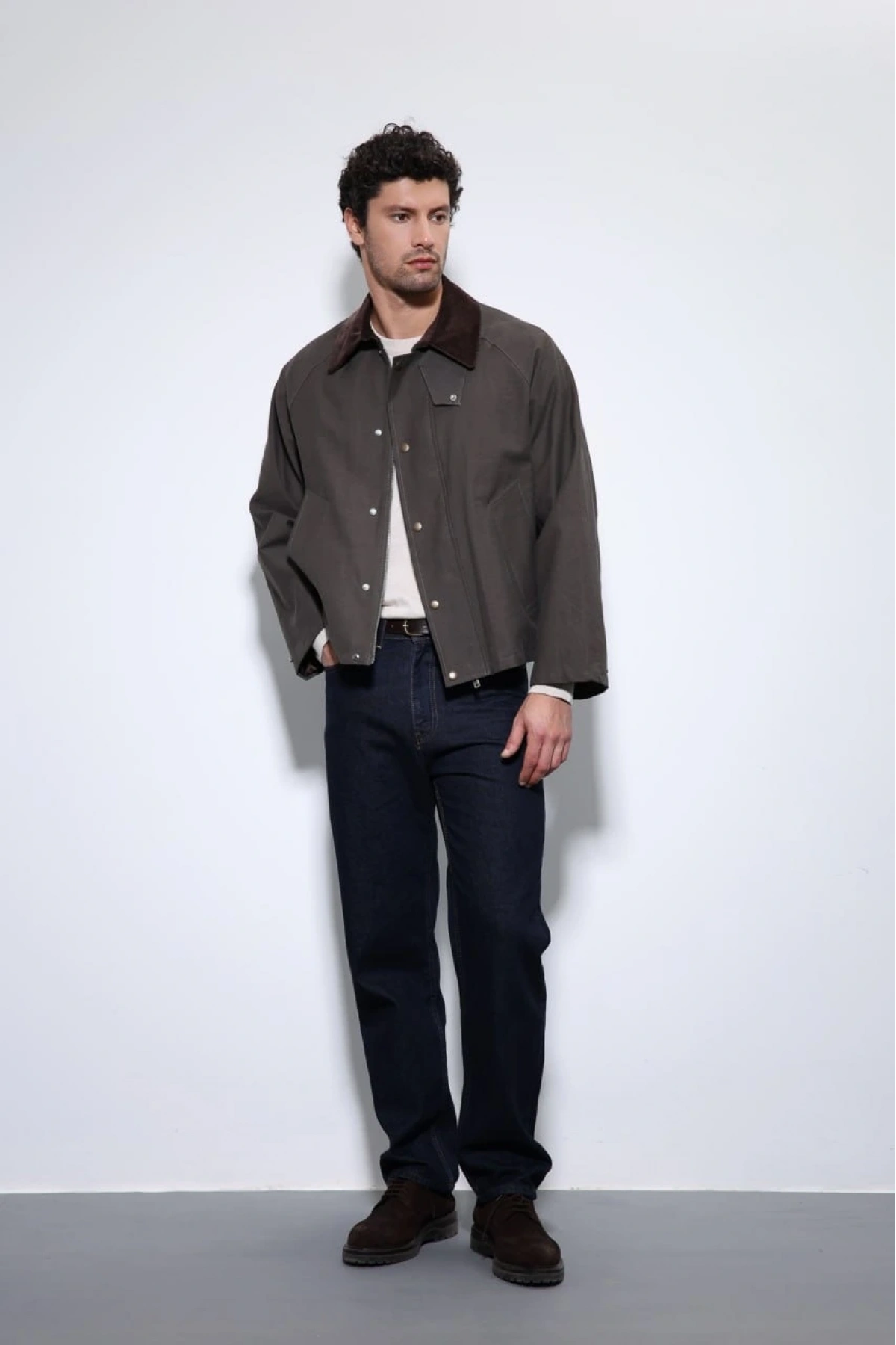 Erkek Owersize Kalıp Yakası Kadife Mont- Kahverengi