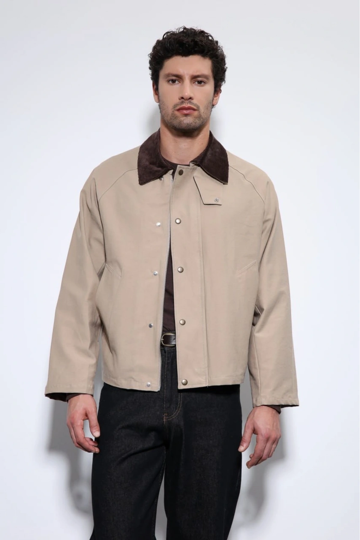 Erkek Owersize Kalıp Yakası Kadife Mont- Krem