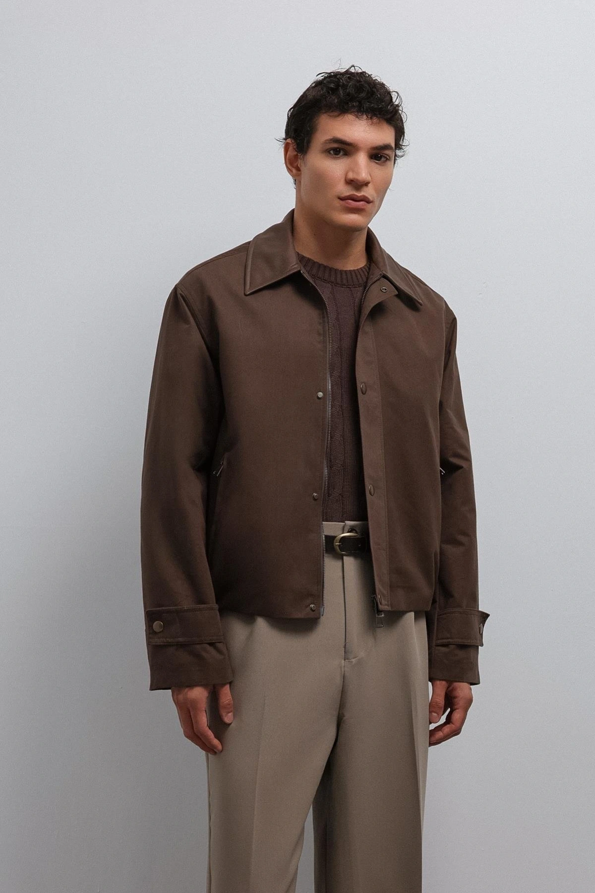 Erkek Owersize Kalıp Yakası Süet Mont- Kahverengi