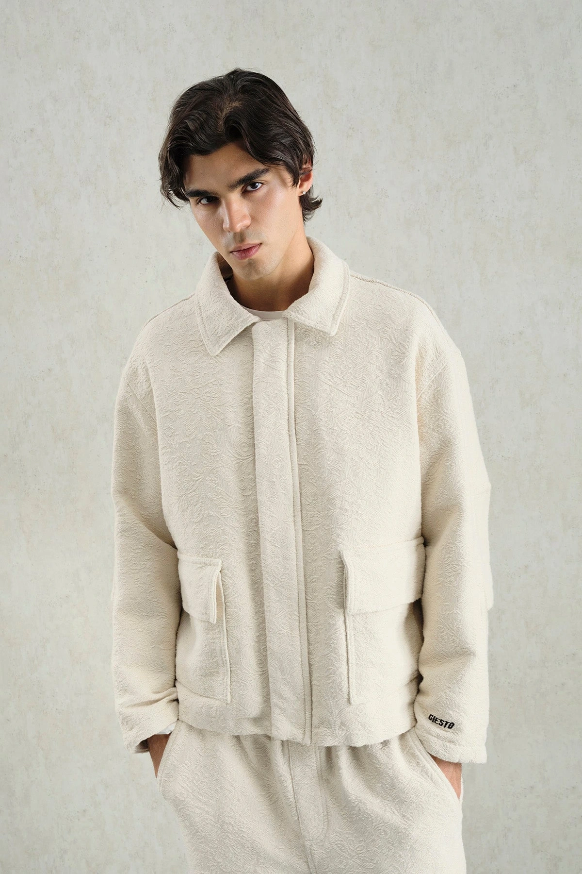 Erkek Owersize Kaşe Bomber Kendinden Desenli Mont -Bej