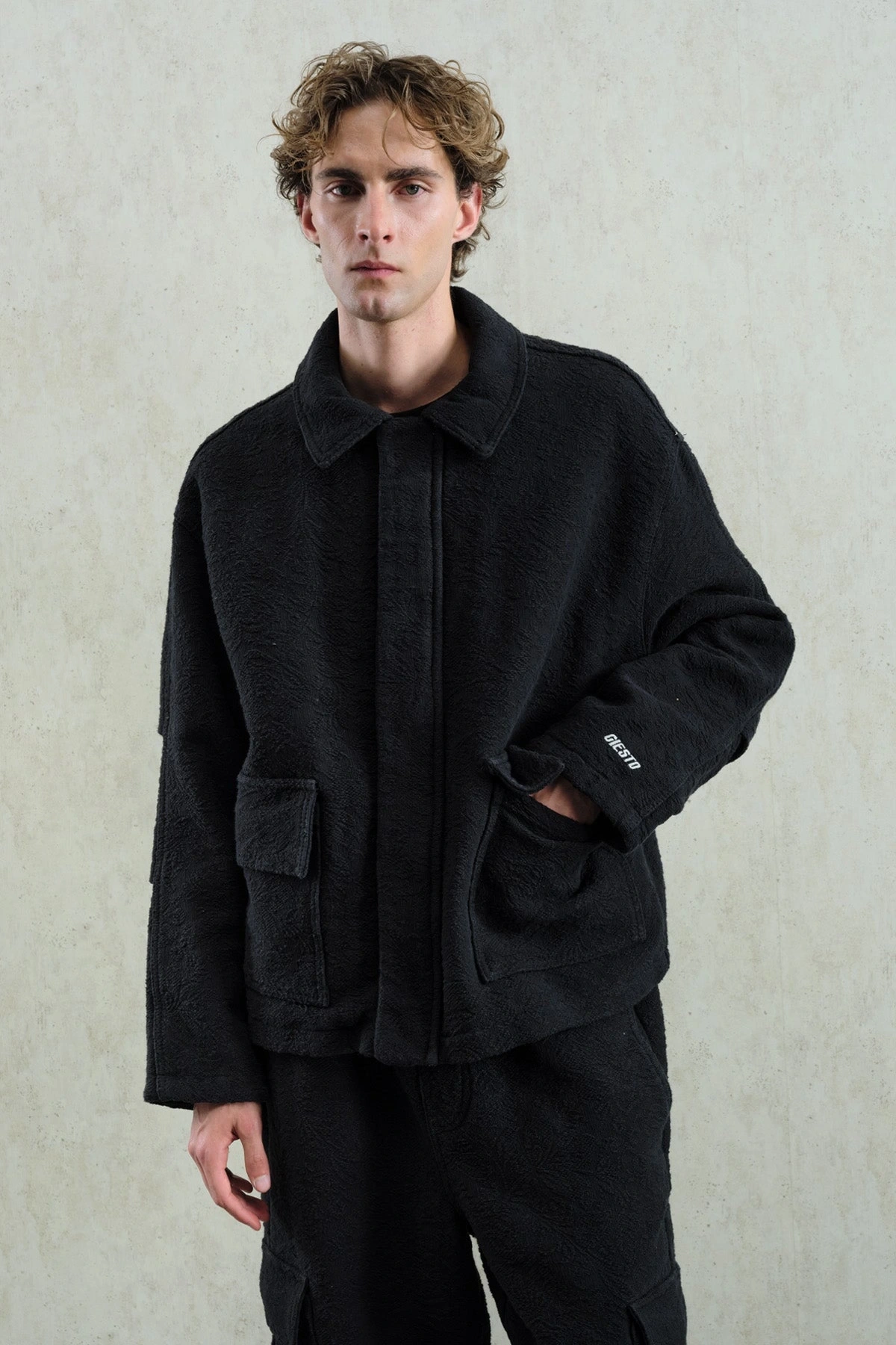 Erkek Owersize Kaşe Bomber Kendinden Desenli Mont -Siyah