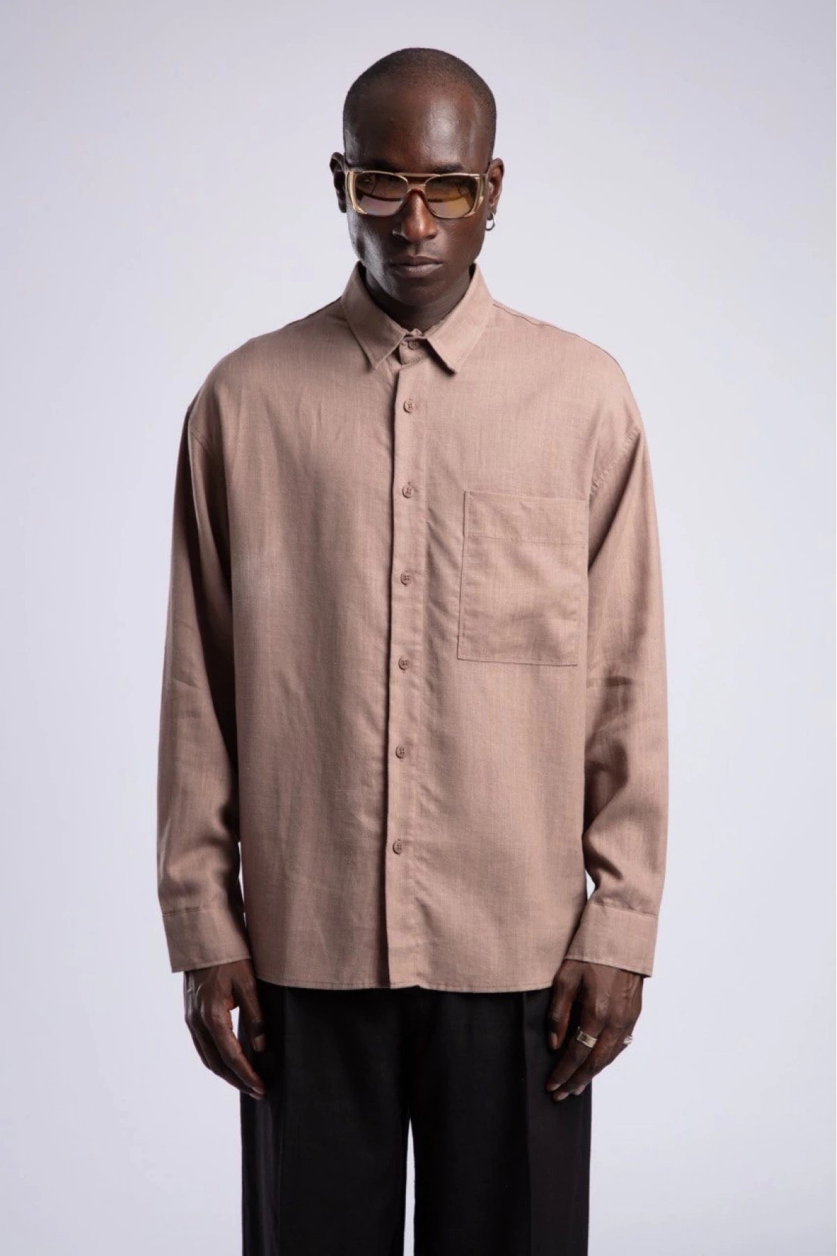 Erkek Owersize Keten Gömlek - Kahverengi