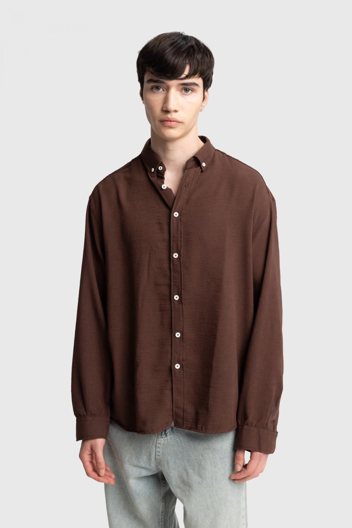 Erkek Owersize Keten Gömlek- Kahverengi