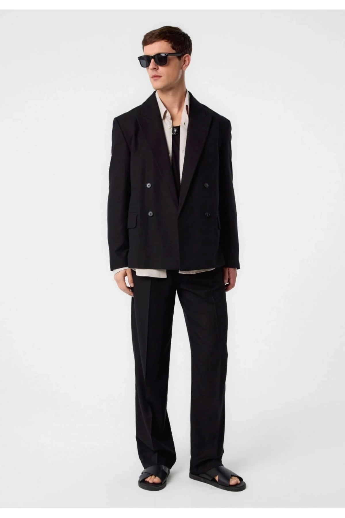 Erkek Owersıze Keten Kruvaze Ceket - Siyah