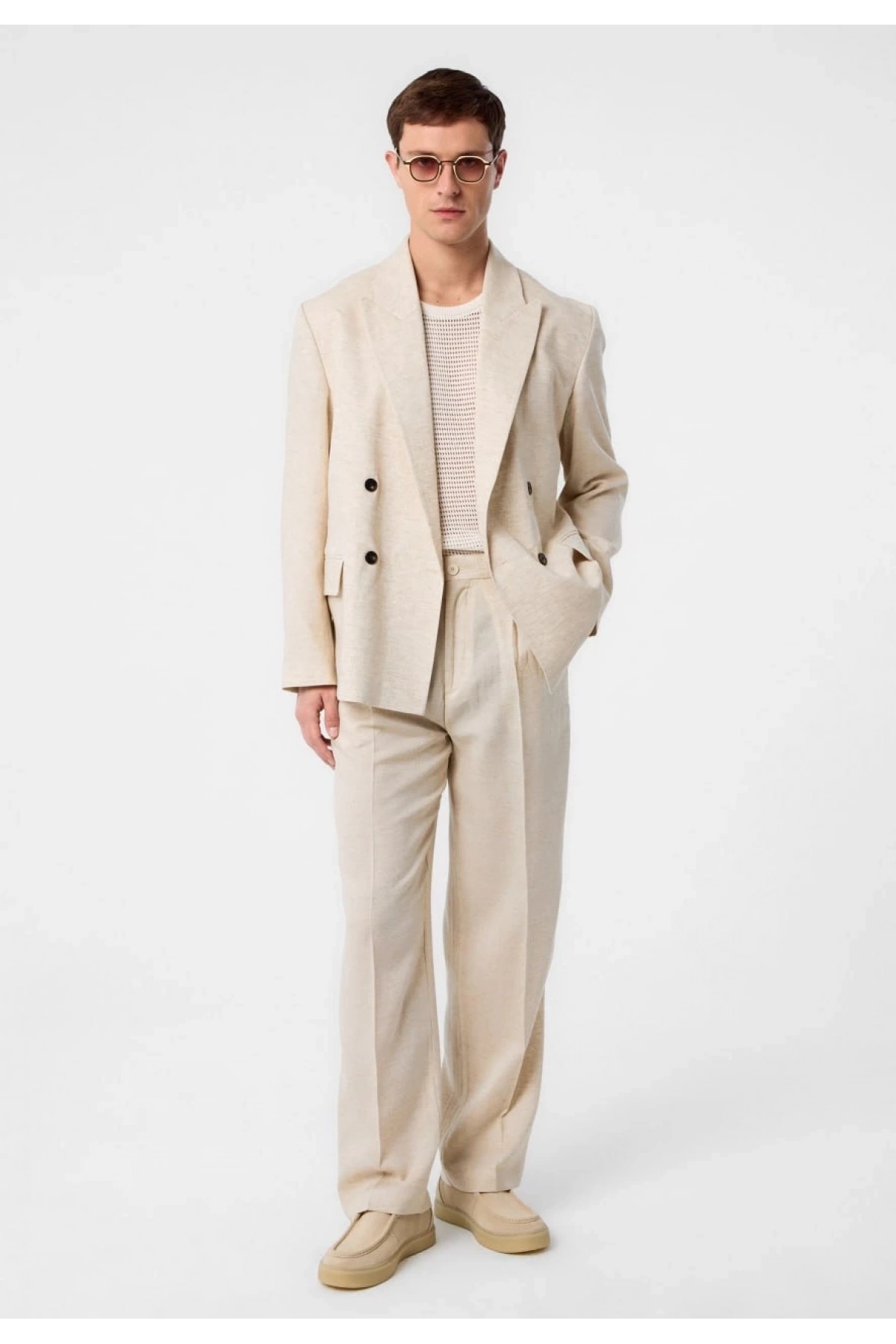 Erkek Owersıze Keten KruvazeTakım Elbise-Krem