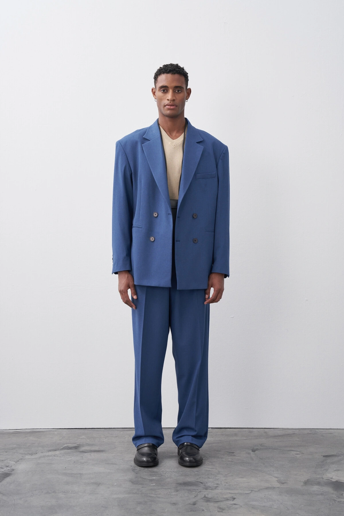 Erkek Owersıze Kruvaze Takım Elbise-Mavi