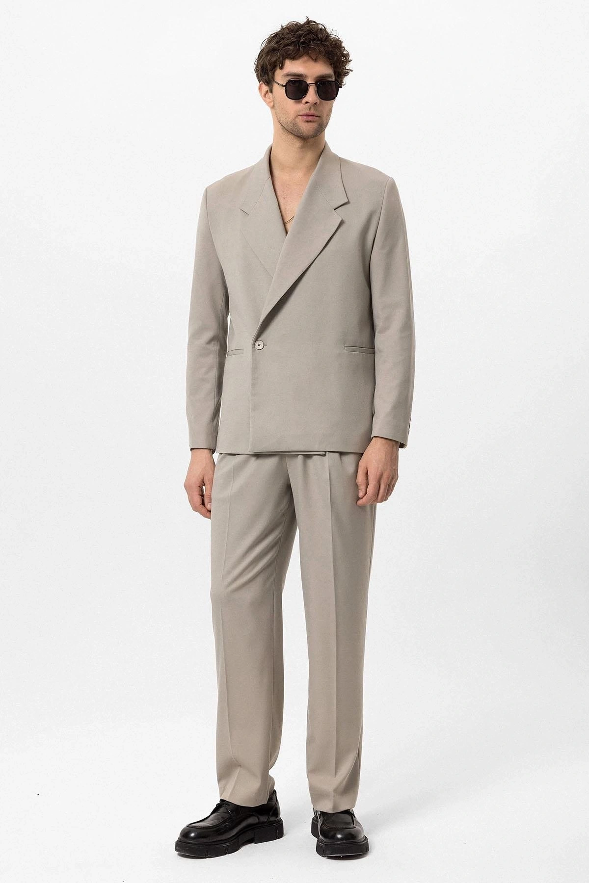 Erkek Owersıze Likralı Takım Elbise-Bej